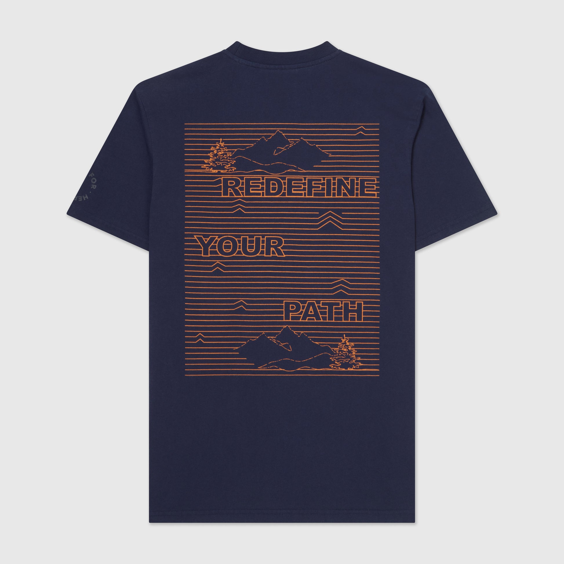 Back image of a navy blue crew neck t-shirt with a "redefine your path" contrast slogan mountain back print in orange. Featuring a circular Help for Heroes logo on the sleeve