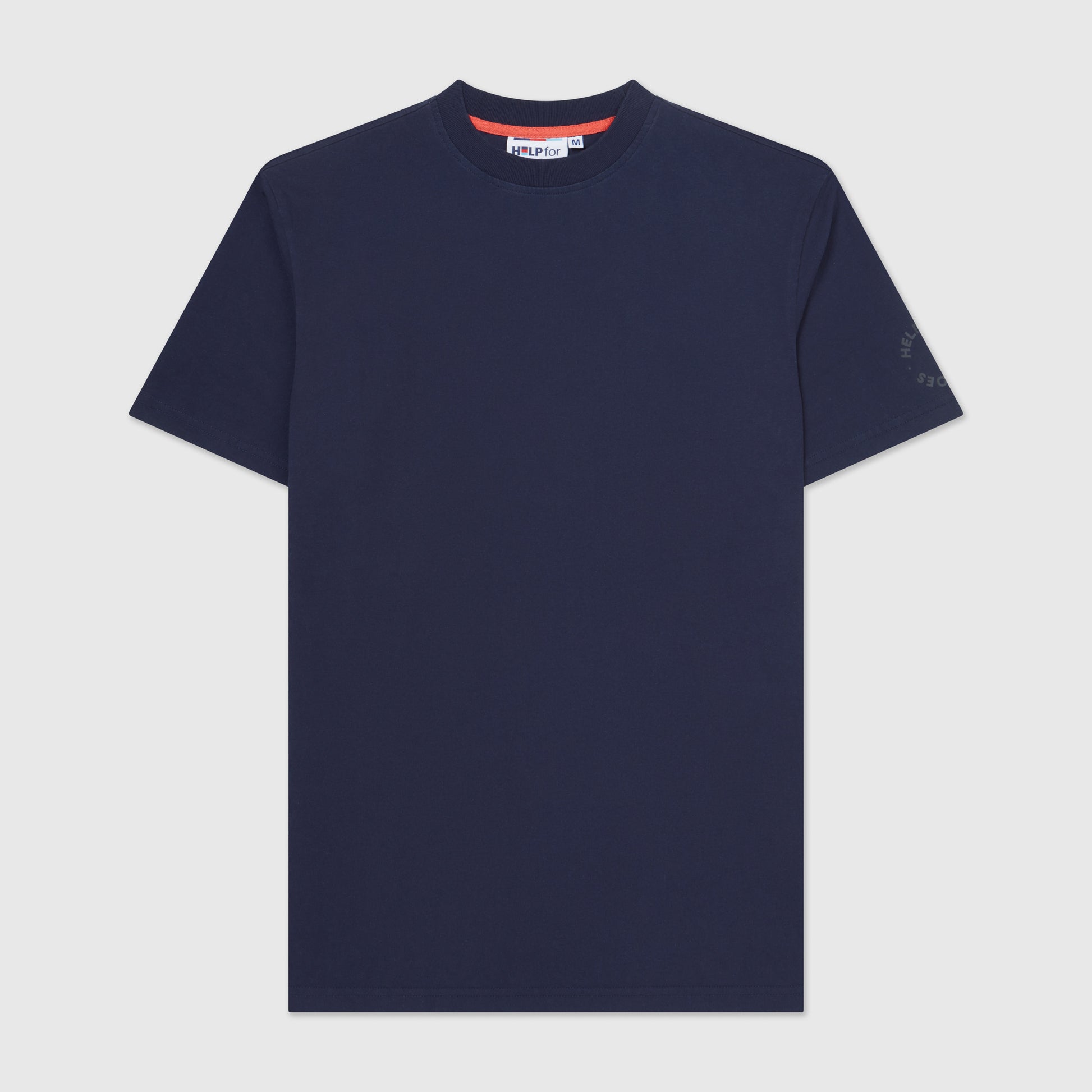 Front image of a navy blue crew neck t-shirt with a "redefine your path" contrast slogan mountain back print in orange. Featuring a circular Help for Heroes logo on the sleeve