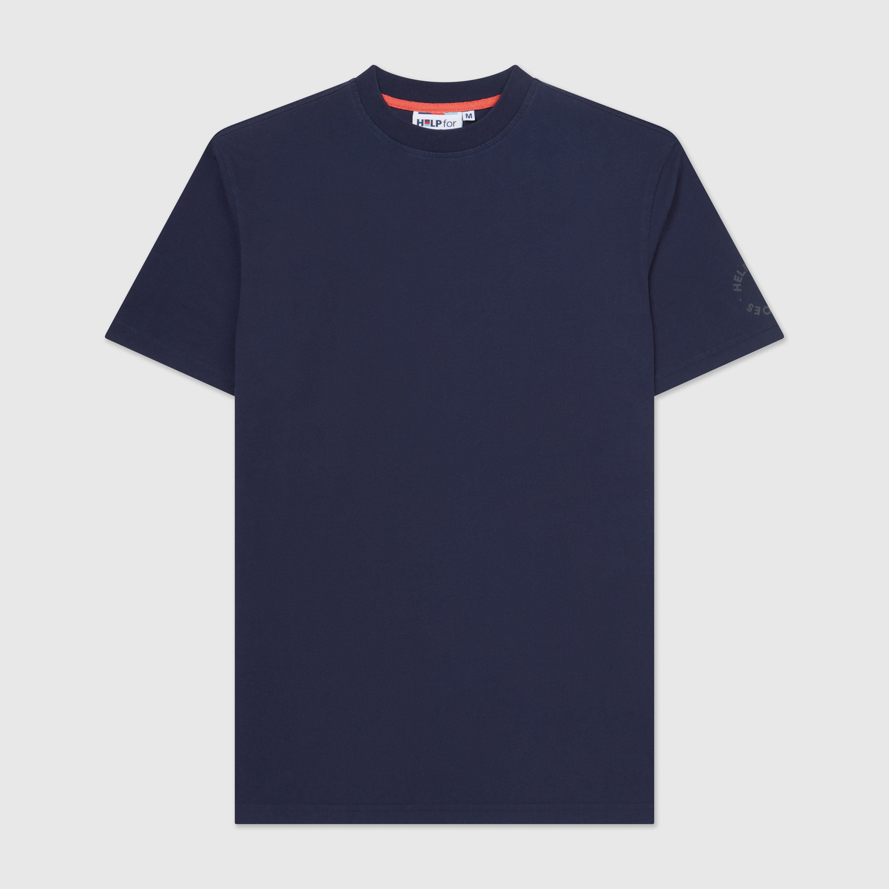 Front image of a navy blue crew neck t-shirt with a "redefine your path" contrast slogan mountain back print in orange. Featuring a circular Help for Heroes logo on the sleeve