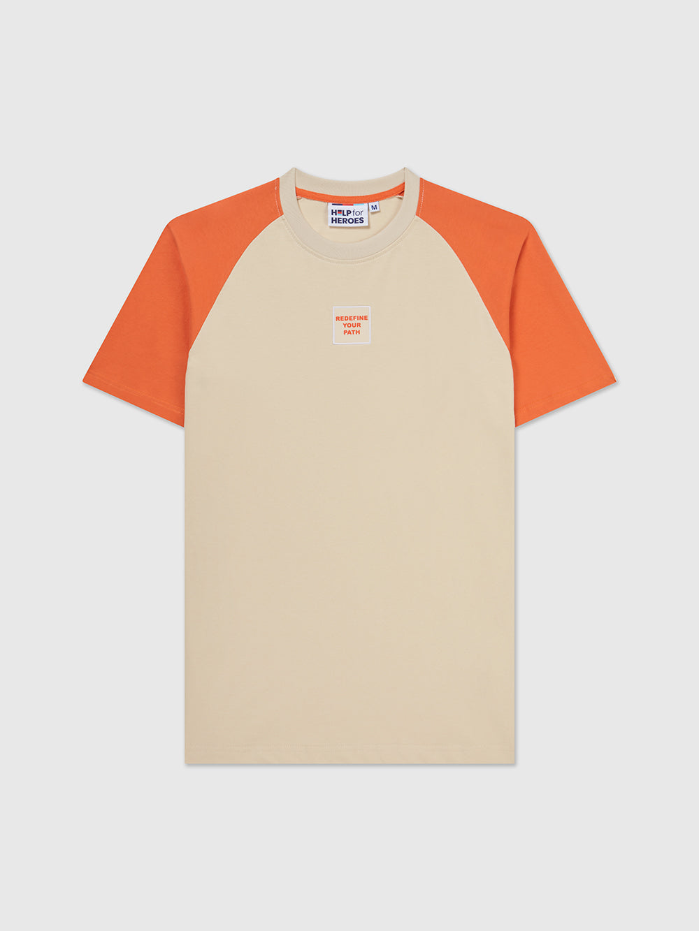 Front image of Help for Heroes crew neck beige t-shirt with contrasting orange sleeves. Featuring a chest patch with "redefine your path" text