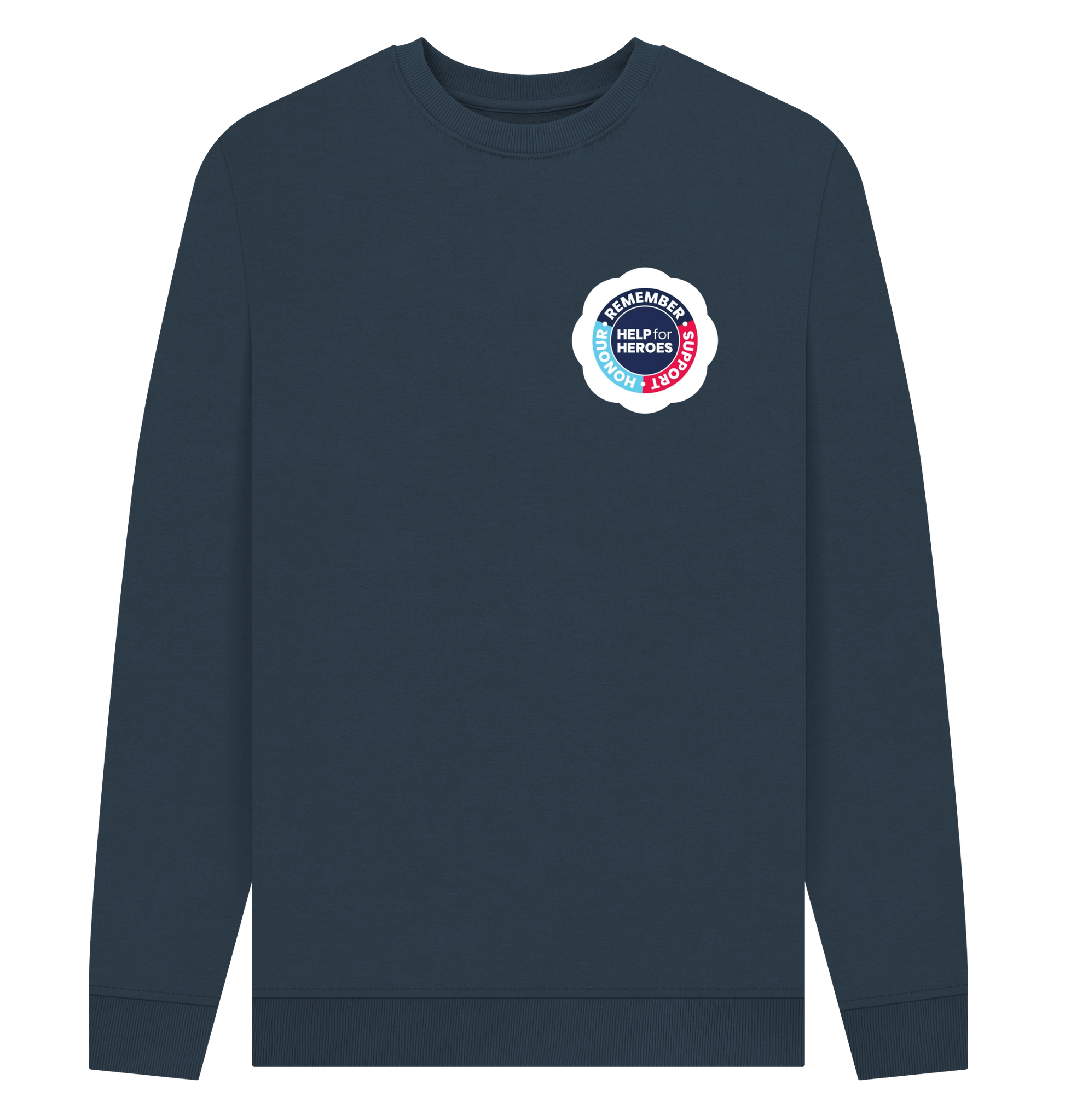 Navy blue sweatshirt with a Help for Heroes circular logo on a white background