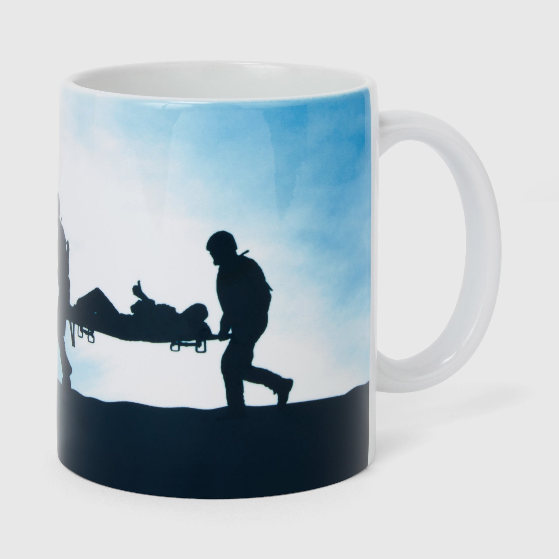 A ceramic help for heroes mug featuring the stretcher bearer and help for heroes logo