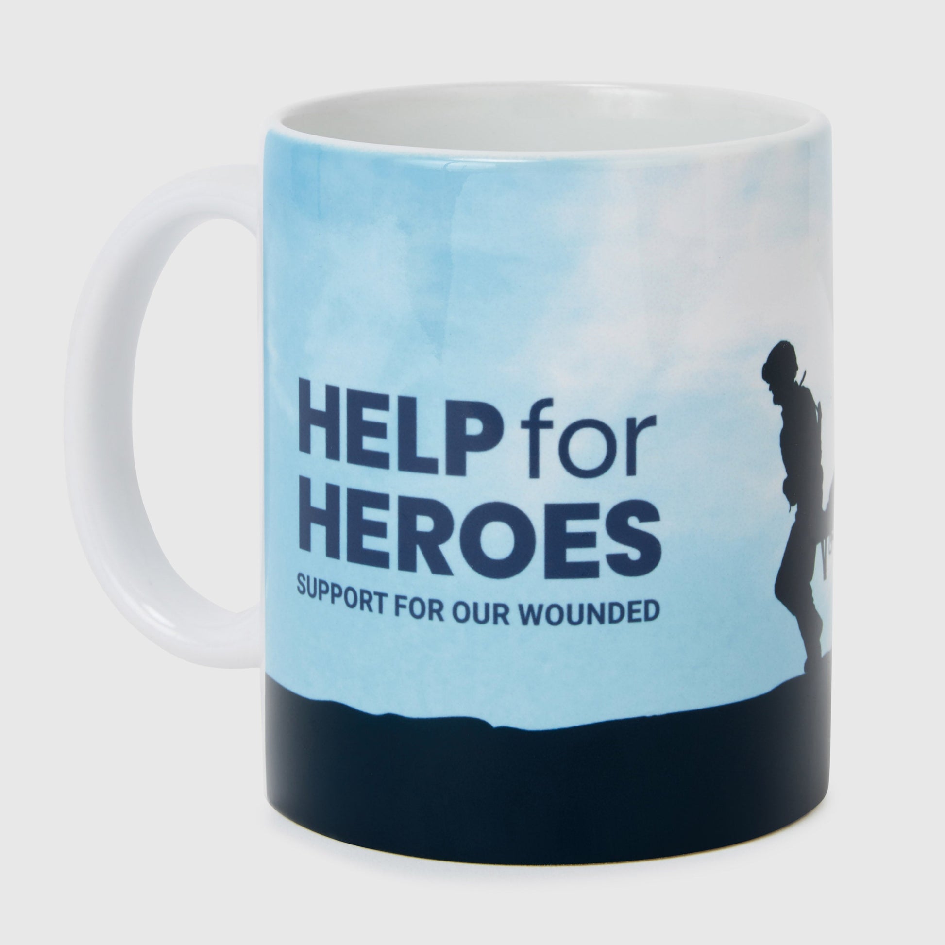 A ceramic help for heroes mug featuring the stretcher bearer and help for heroes logo