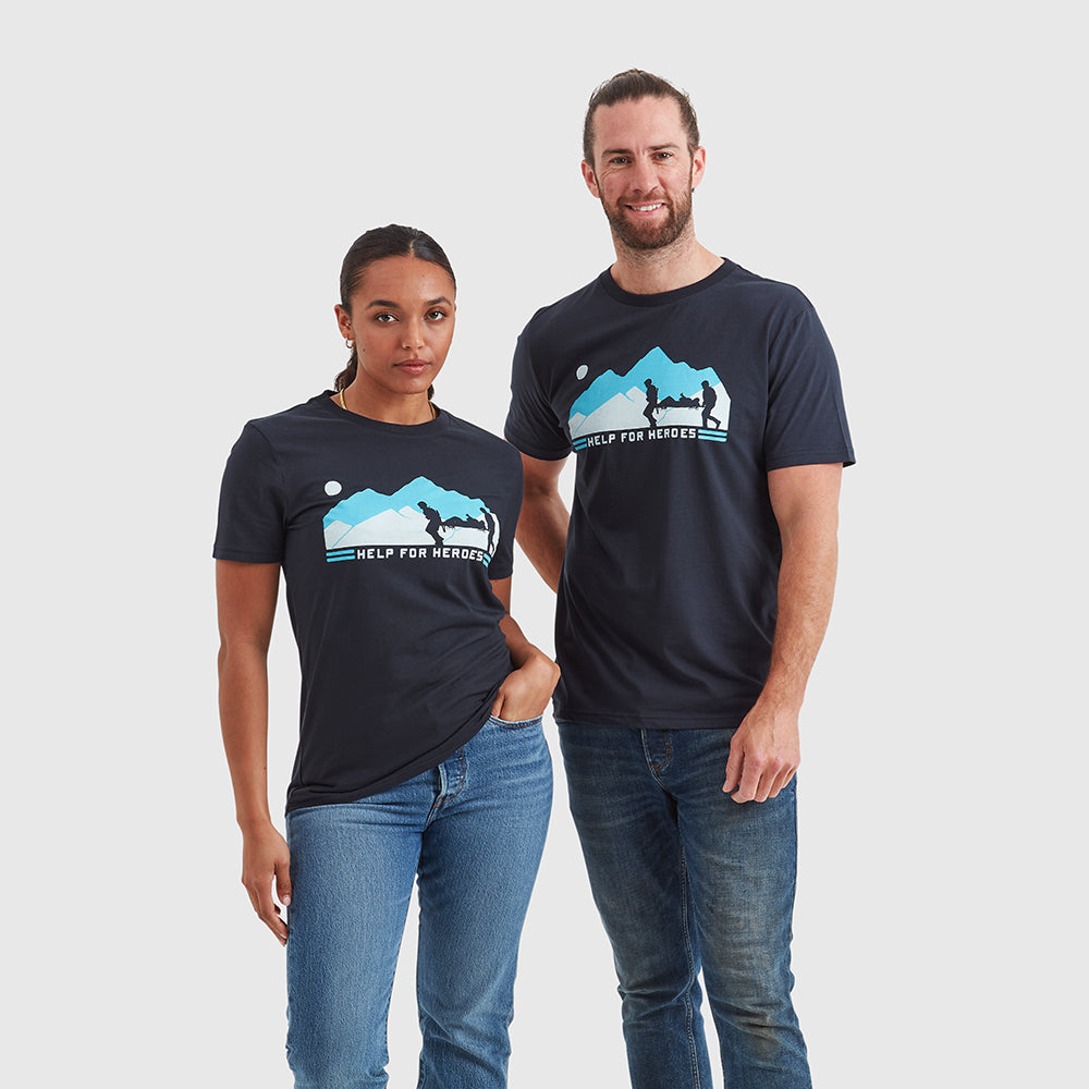 Two models wearing navy Help for Heroes t-shirt, featuring the stretcher bearer design