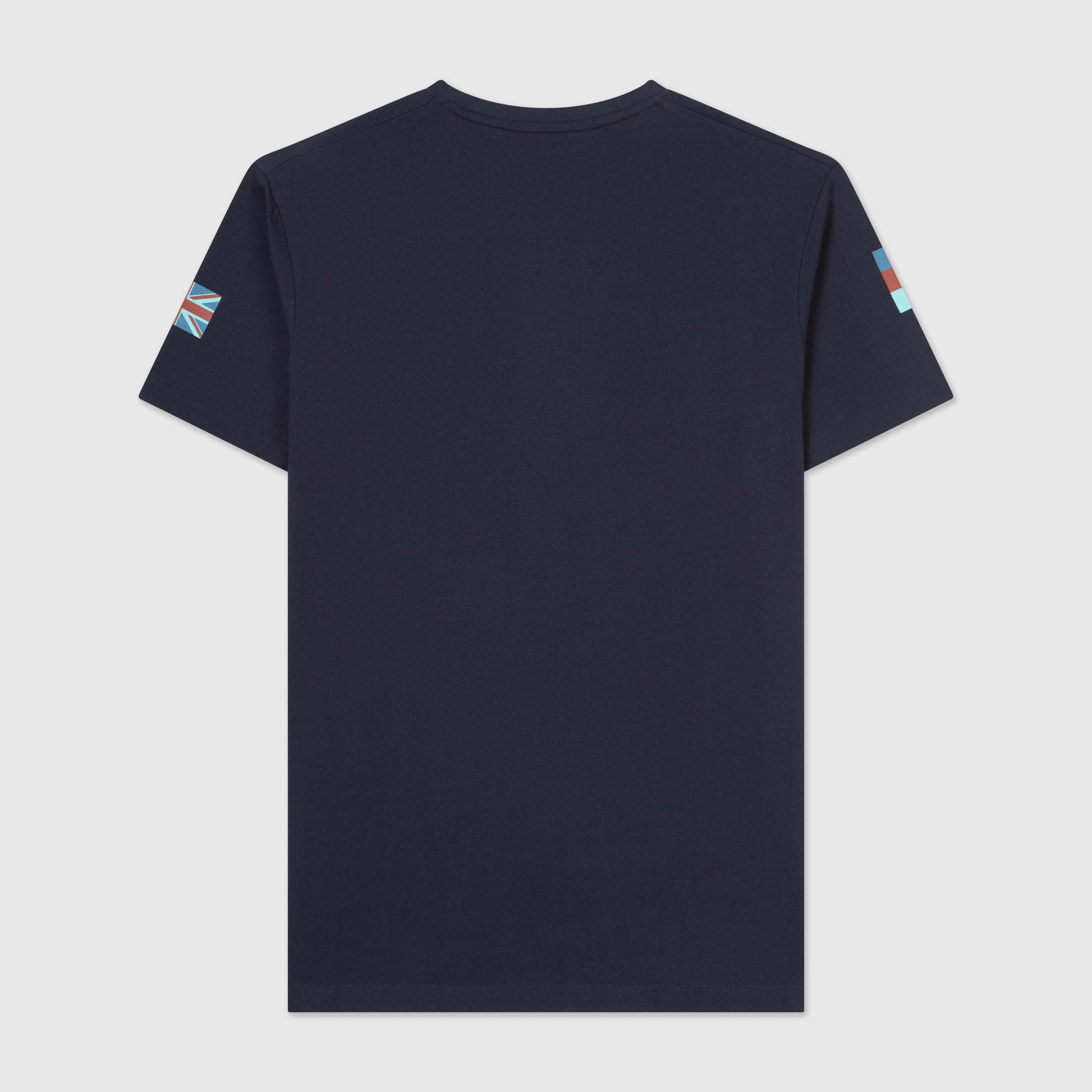 Back shot of Crew neck Help for Heroes Heritage t-shirt in navy. Featuring the stretcher bearer logo and Union Jack