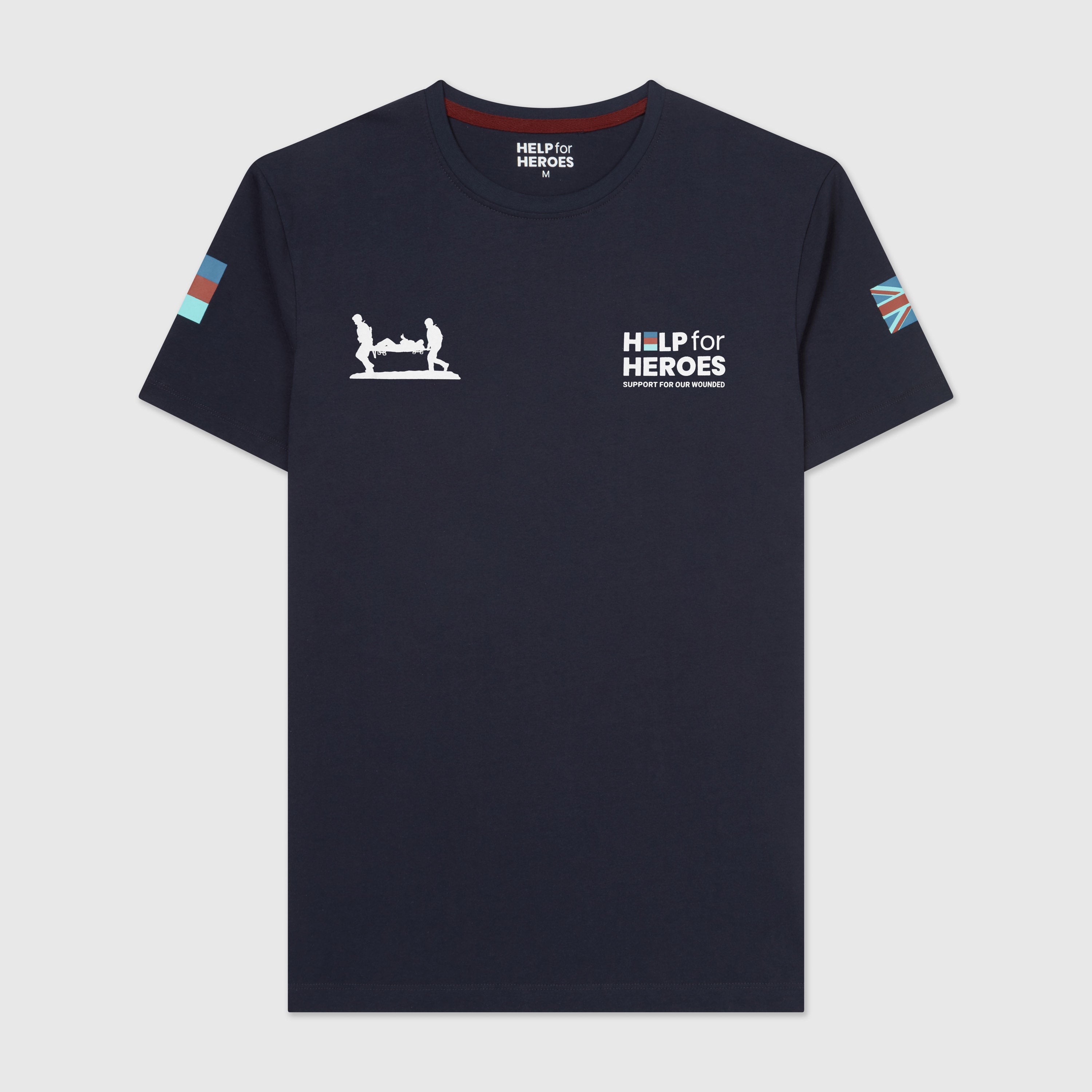 Front shot of crew neck Help for Heroes Heritage t-shirt in navy. Featuring the stretcher bearer logo and Union Jack