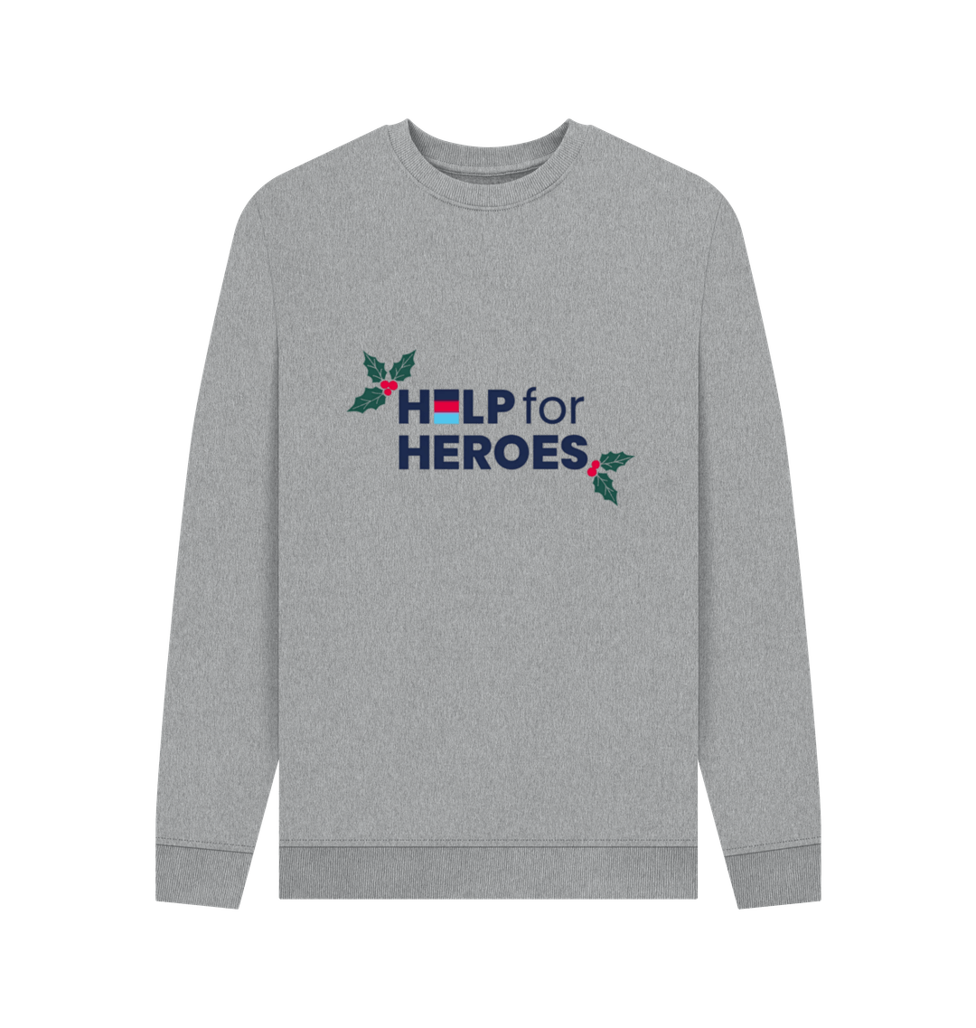 Front image of a grey sweatshirt with Christmas Help for Heroes logo printed on the front, featuring holly leaf design