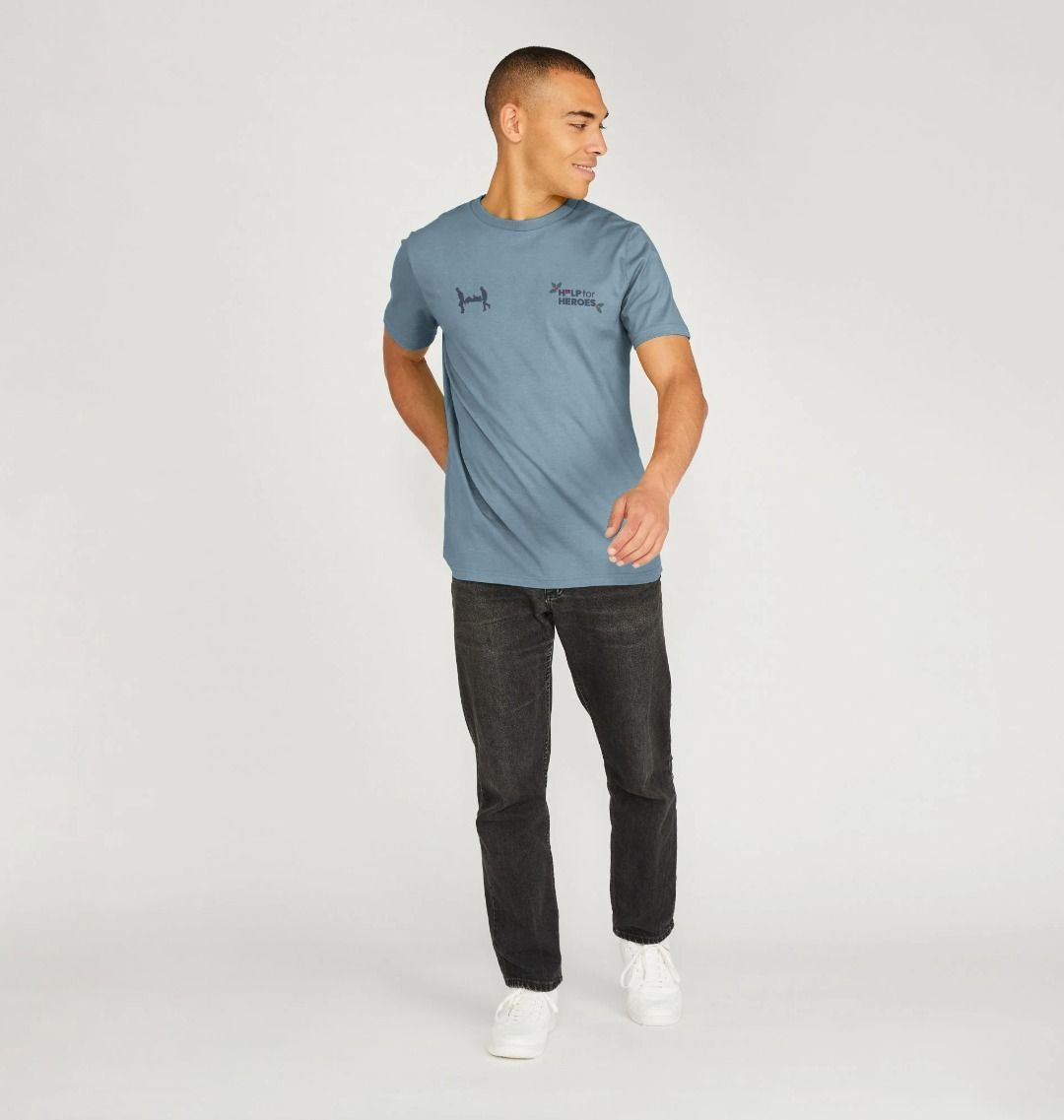 Stone Blue Printed T-shirt on model, featuring a Christmas Help for Heroes logo with holly and the classic Stretcher Bearer image