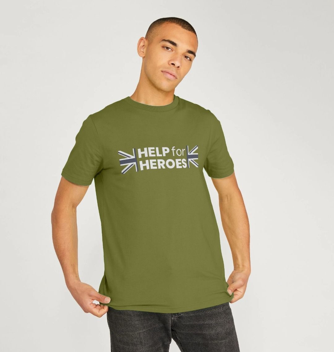 Model wearing a moss green tshirt which features the Help for Heroes logo printed between the Union Jack flag