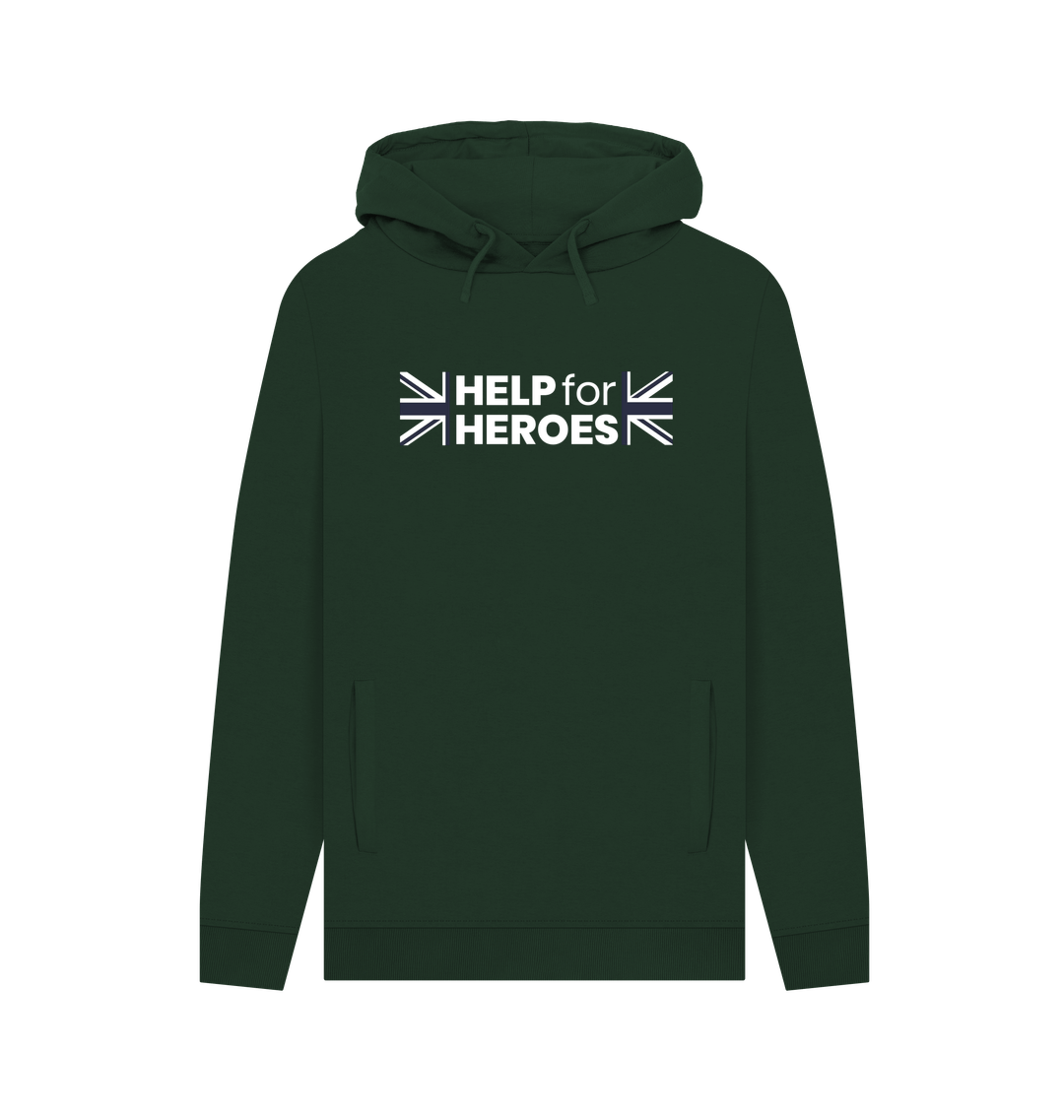 Front image of dark green pullover hoody with the Help for Heroes logo printed between the Union Jack flag