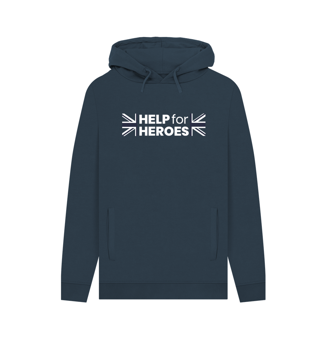 Front image of navy pullover hoody with the Help for Heroes logo printed between the Union Jack flag