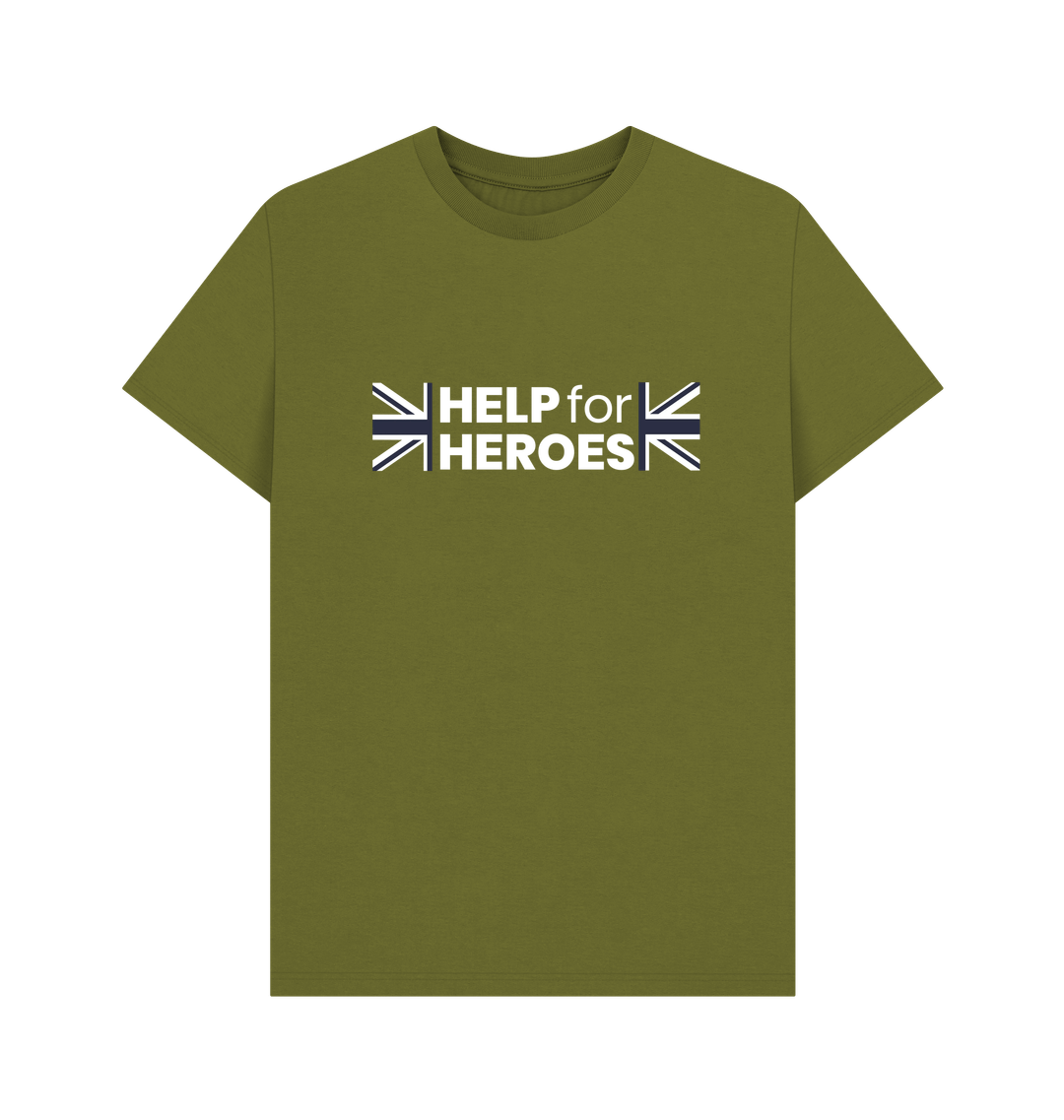 Front image of moss green tshirt which features the Help for Heroes logo printed between the Union Jack flag