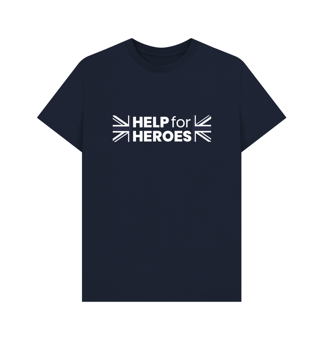 Front image of navy tshirt with the Help for Heroes logo printed between the Union Jack flag