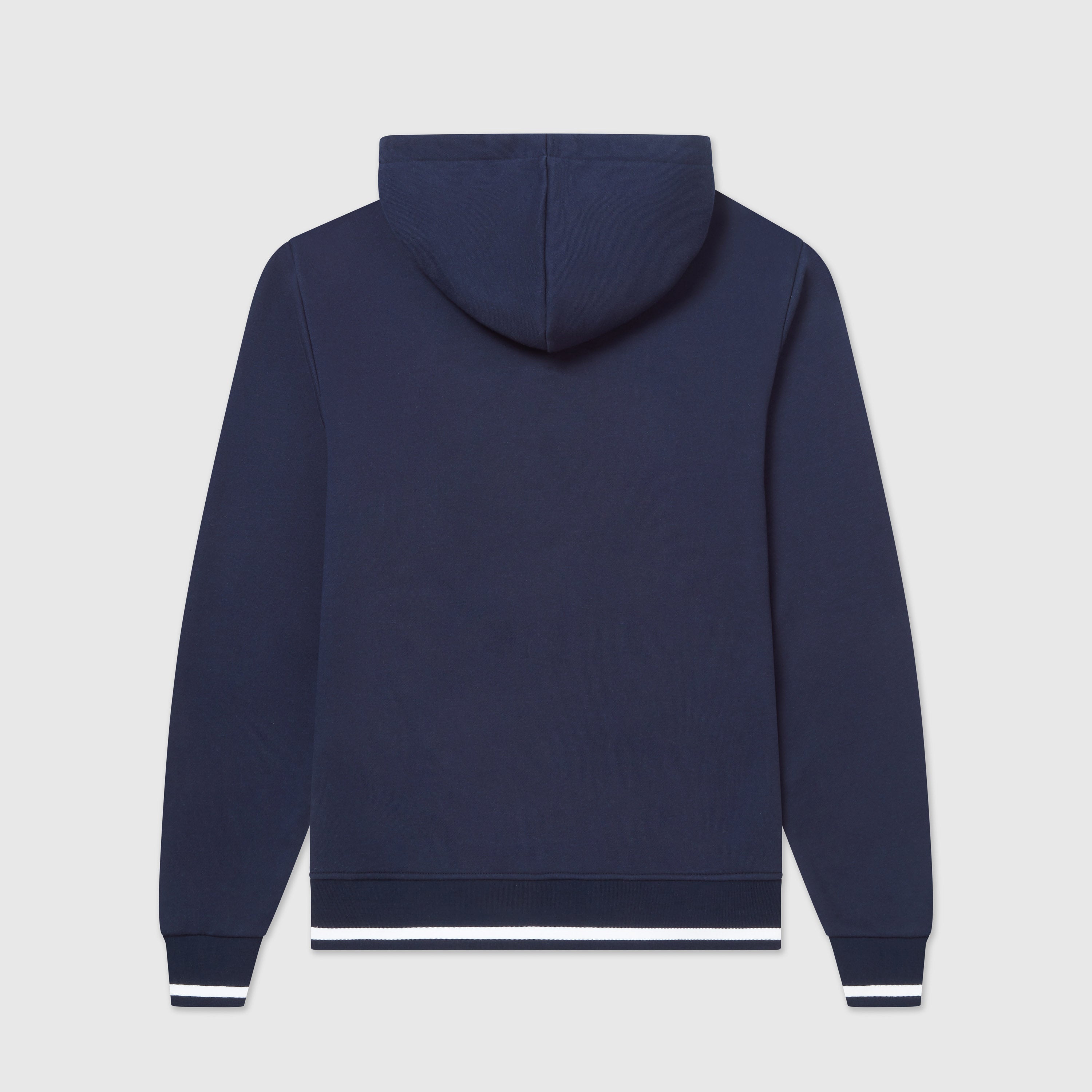 Back image of navy blue pullover hoodies with a Help for Heroes wreath logo design on the chest and tipped detailing to cuffs