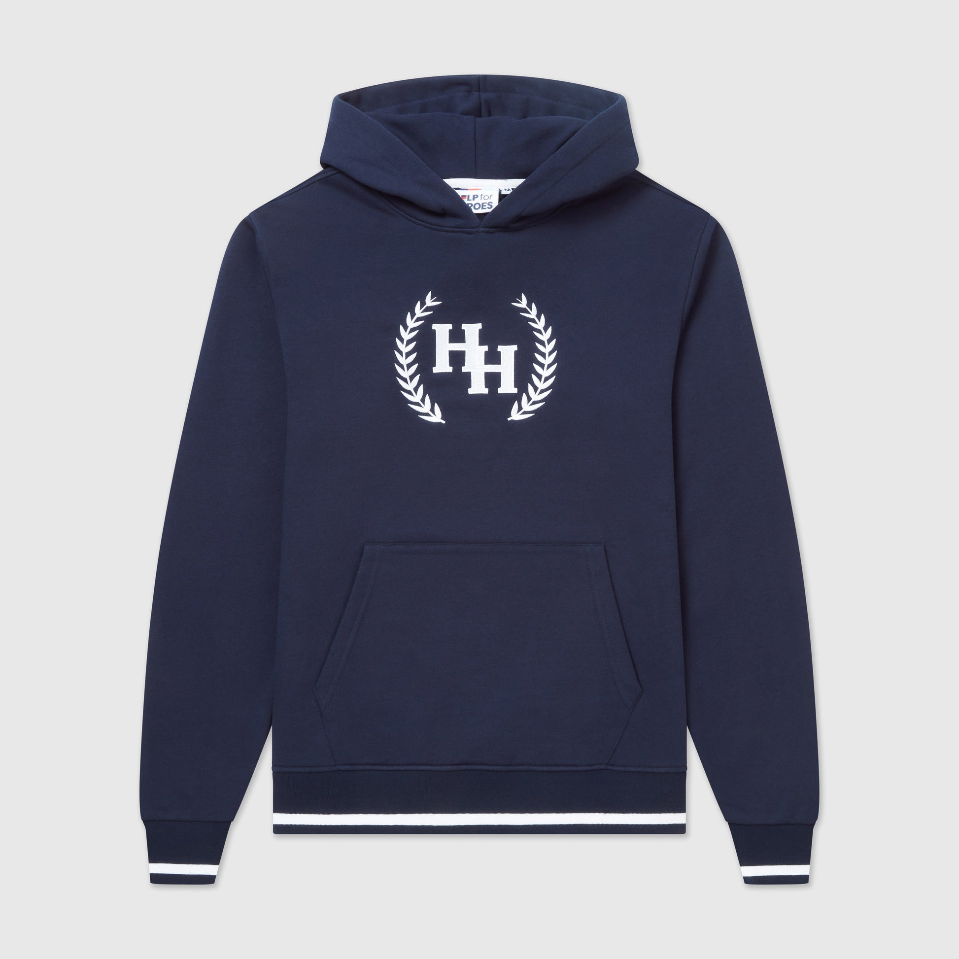 Front image of navy blue pullover hoodies with a Help for Heroes wreath logo design on the chest and tipped detailing to cuffs