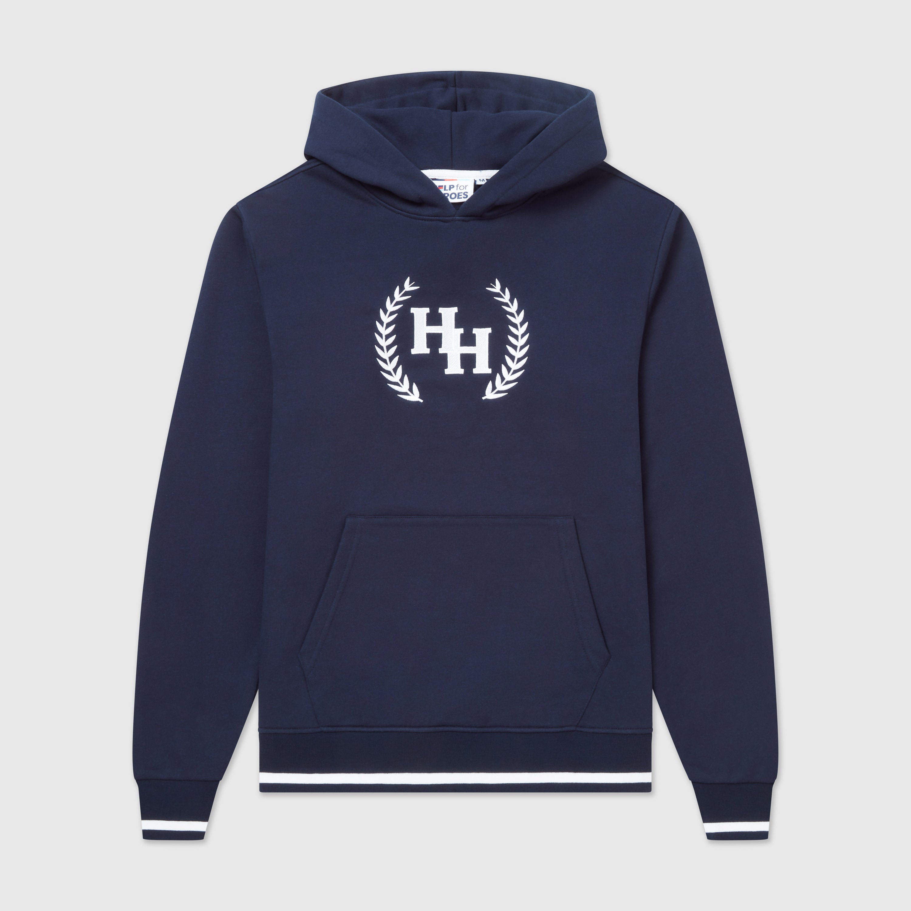 Front image of navy blue pullover hoodies with a Help for Heroes wreath logo design on the chest and tipped detailing to cuffs