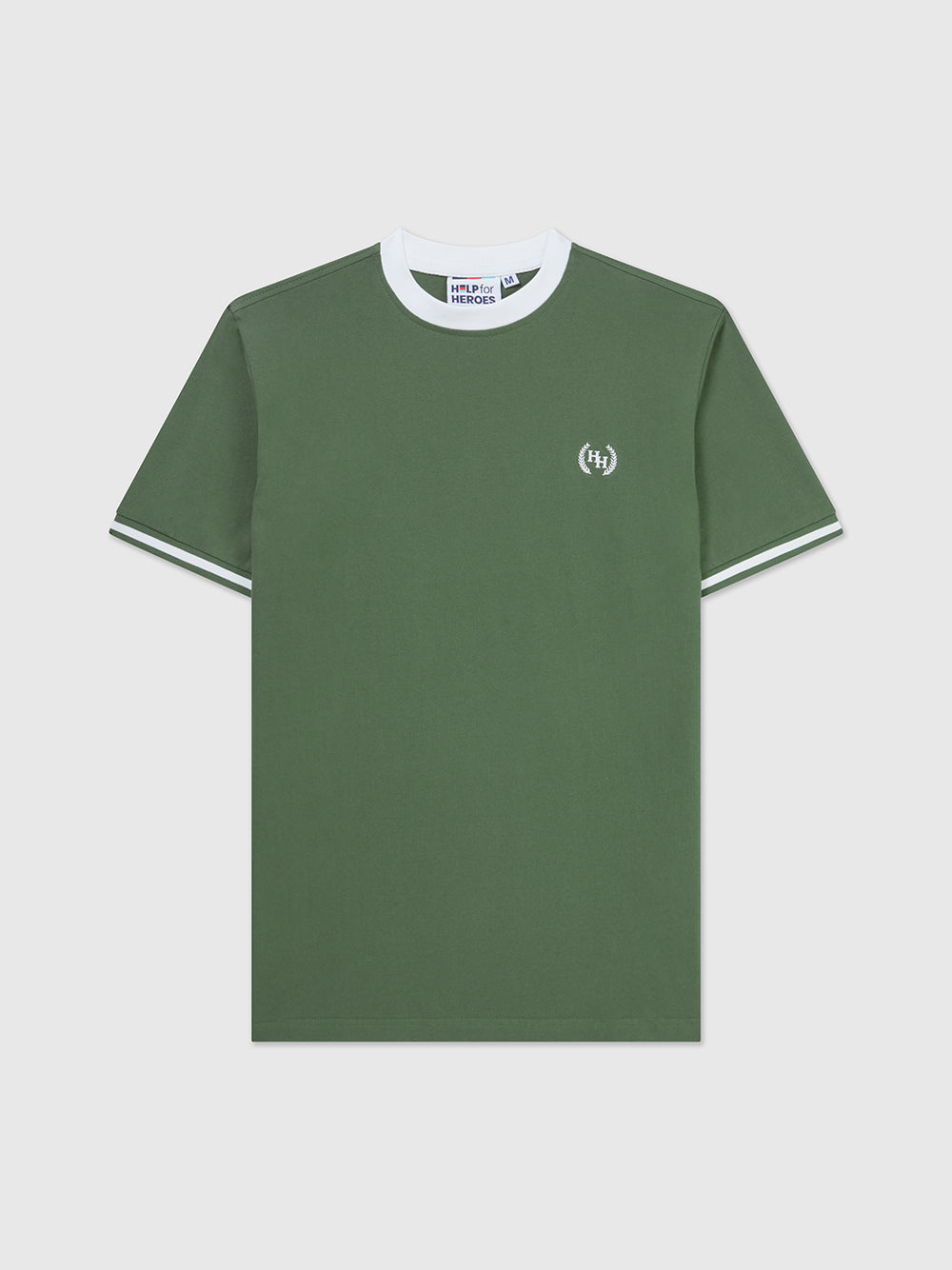 Front image of a khaki green crew neck t-shirt with white contrast detailing and a small embroidered Help for Heroes wreath logo on the chest