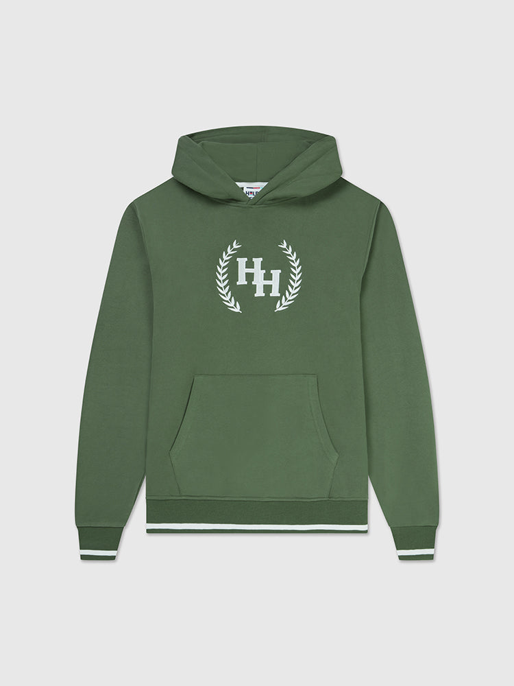 Front image of a khaki green pullover hoodie with a Help for Heroes wreath logo design on the chest and tipped detailing to cuffs