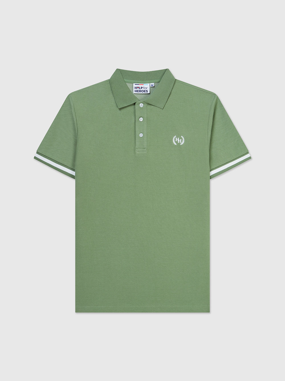 An olive green pique fabric polo shirt with an embroidered help for heroes wreath logo on the chest, tipping on the cuffs, and branded buttons.