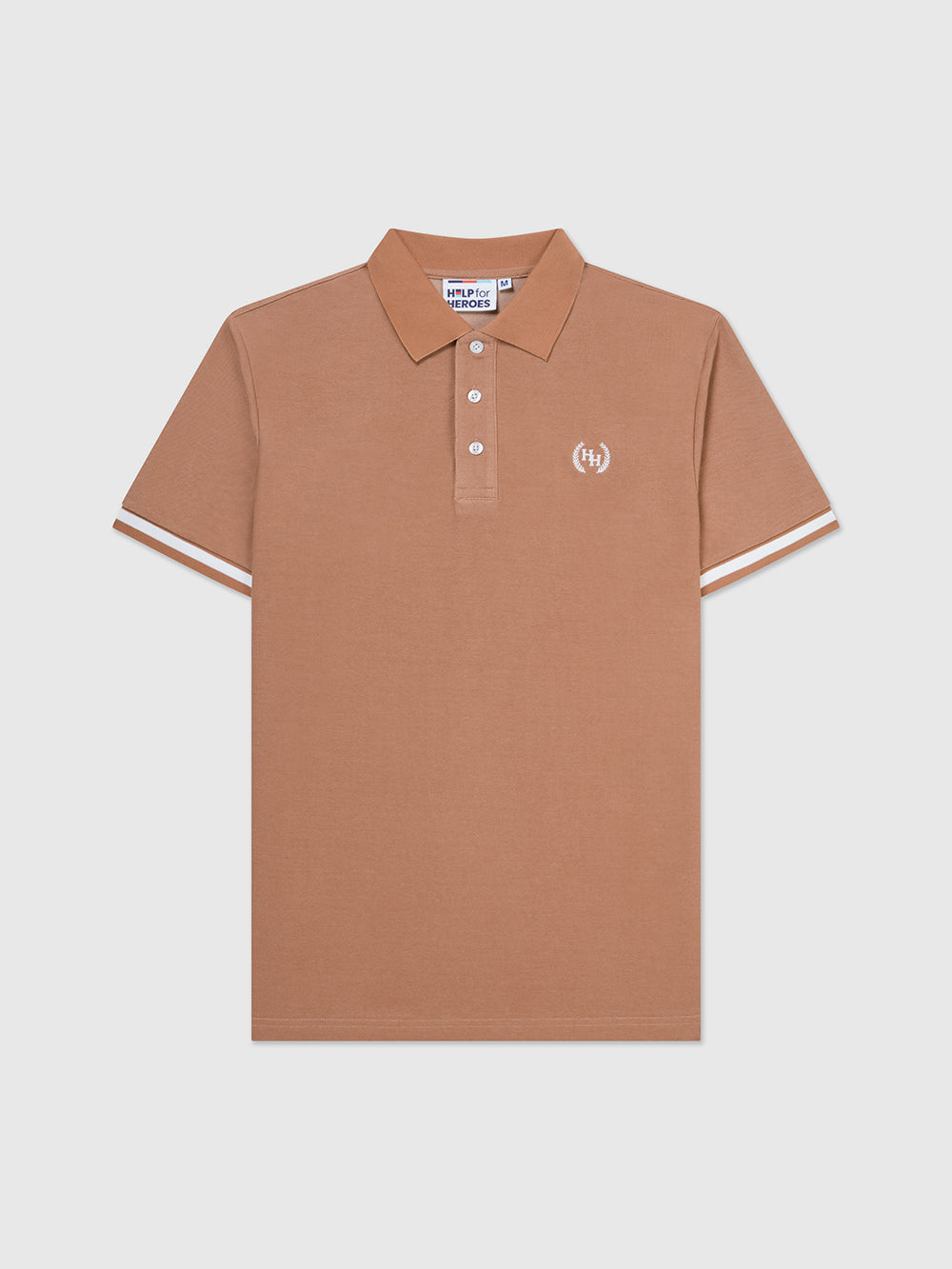 Front image of a mocha pique fabric polo shirt with an embroidered help for heroes wreath logo on the chest, tipping on the cuffs, and branded buttons.