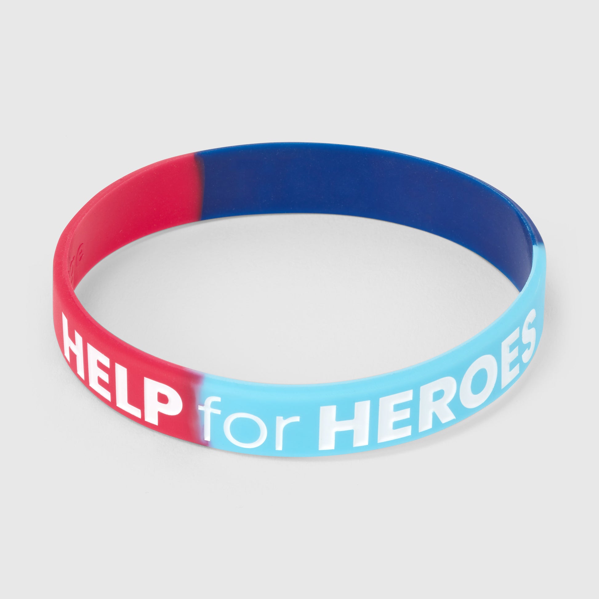 Silicone tri colour wristbands featuring the Help for Heroes logo in white text