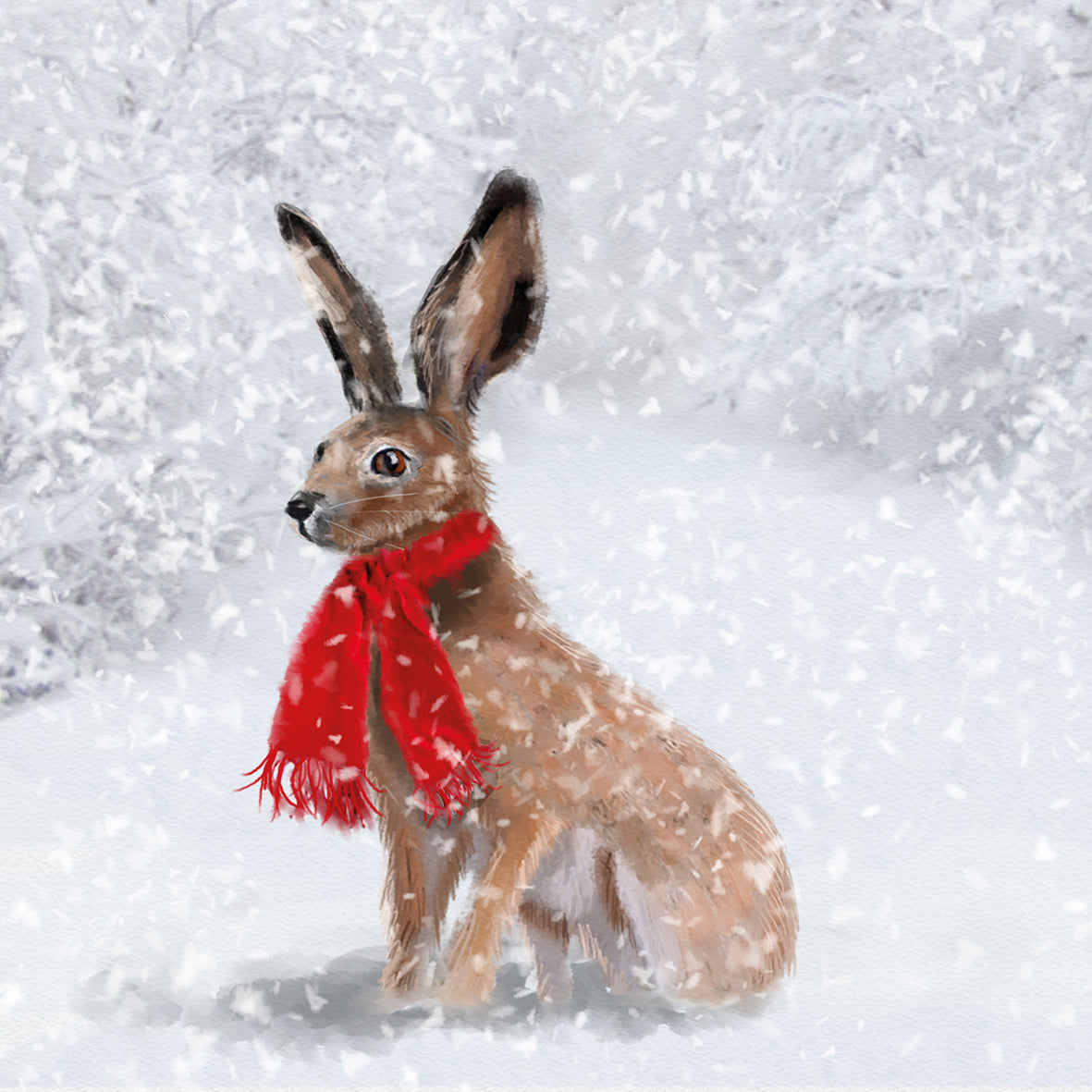 Help for Heroes Charity Christmas card featuring a festive hare in the snow, wearing a warm scarf