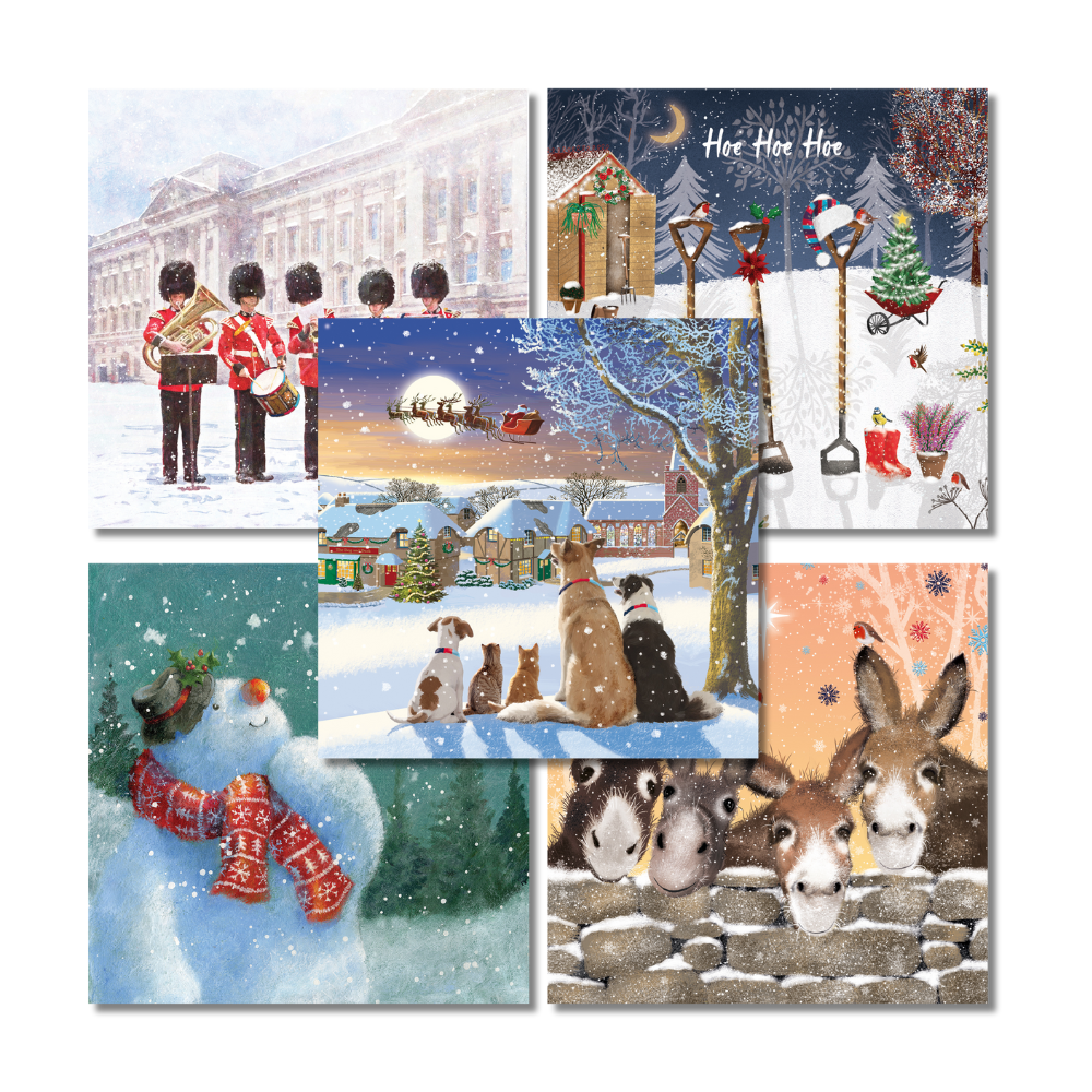 Help for Heroes Charity Christmas card collection including soliders in the snow at Buckingham palace, winter animals and a snowman