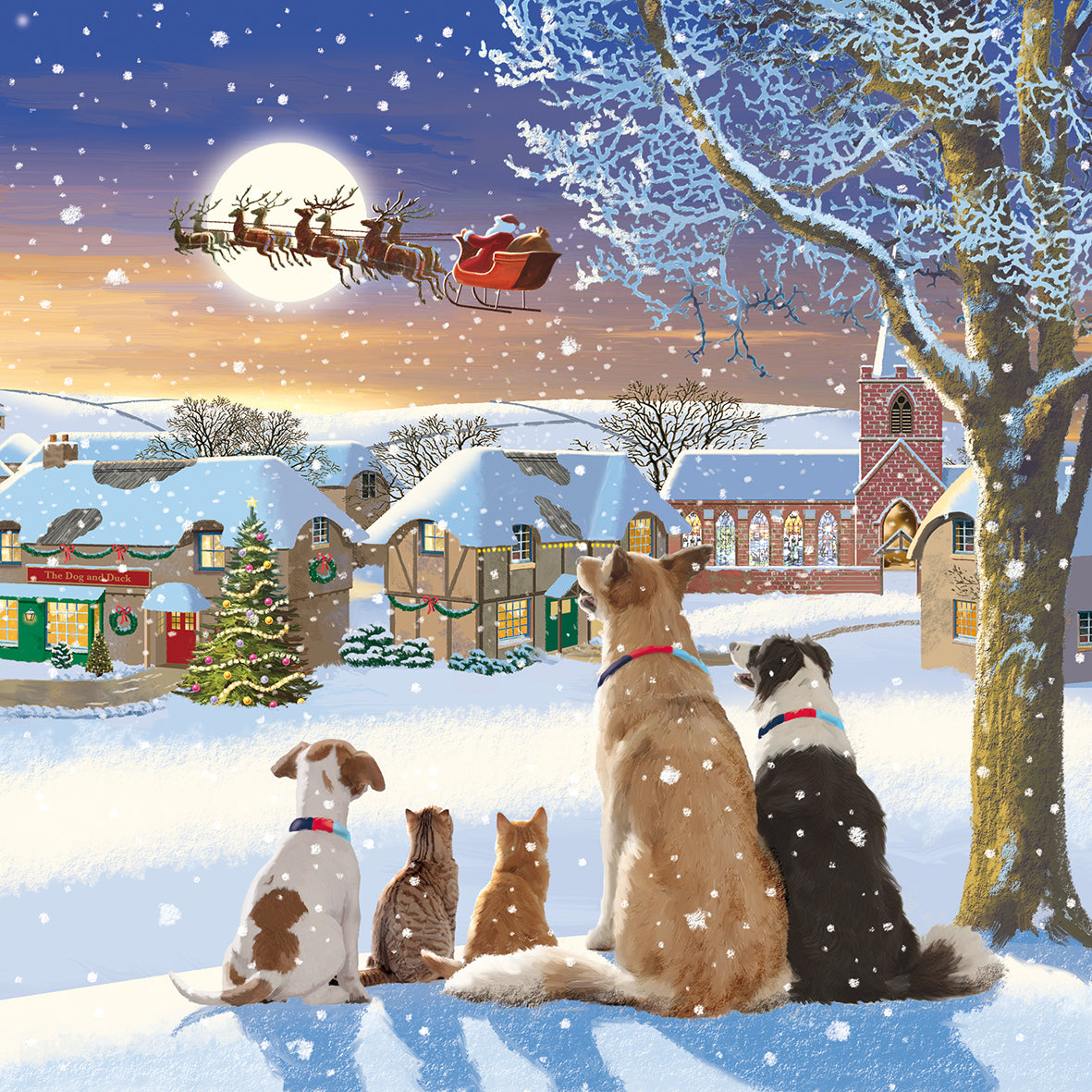 Help for Heroes Charity Christmas card showing a winter scene with dogs watching Santa in the snow