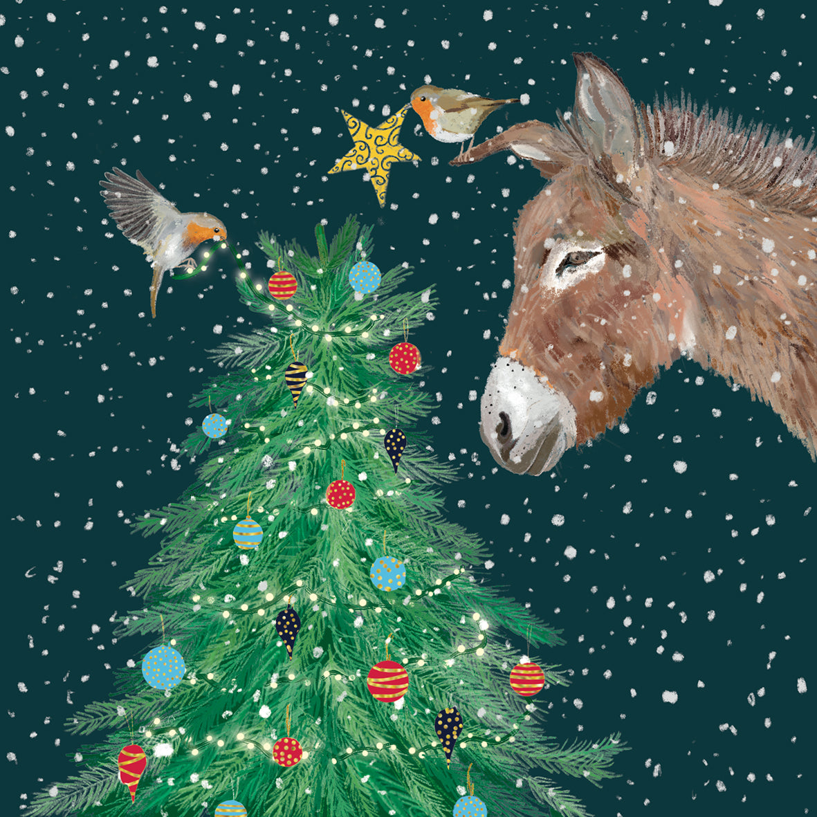 Help for Heroes Charity Christmas card featuring a festive donkey decorating an Xmas tree with help from the robins