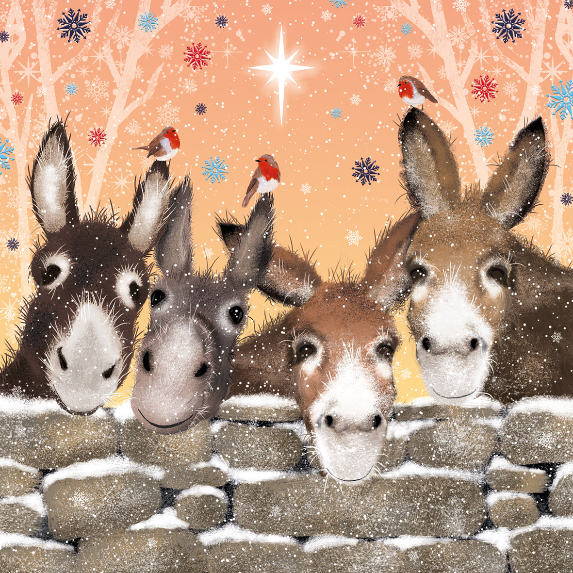 Help for Heroes Charity Christmas card featuring four donkeys in the snow with robins