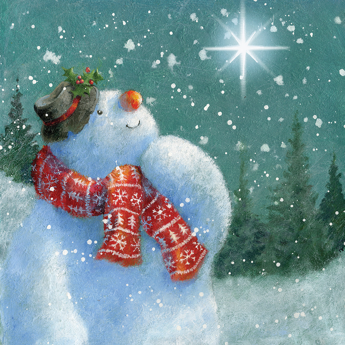 Help for Heroes Charity Christmas card featuring a festive snowman looking into the snowy night sky