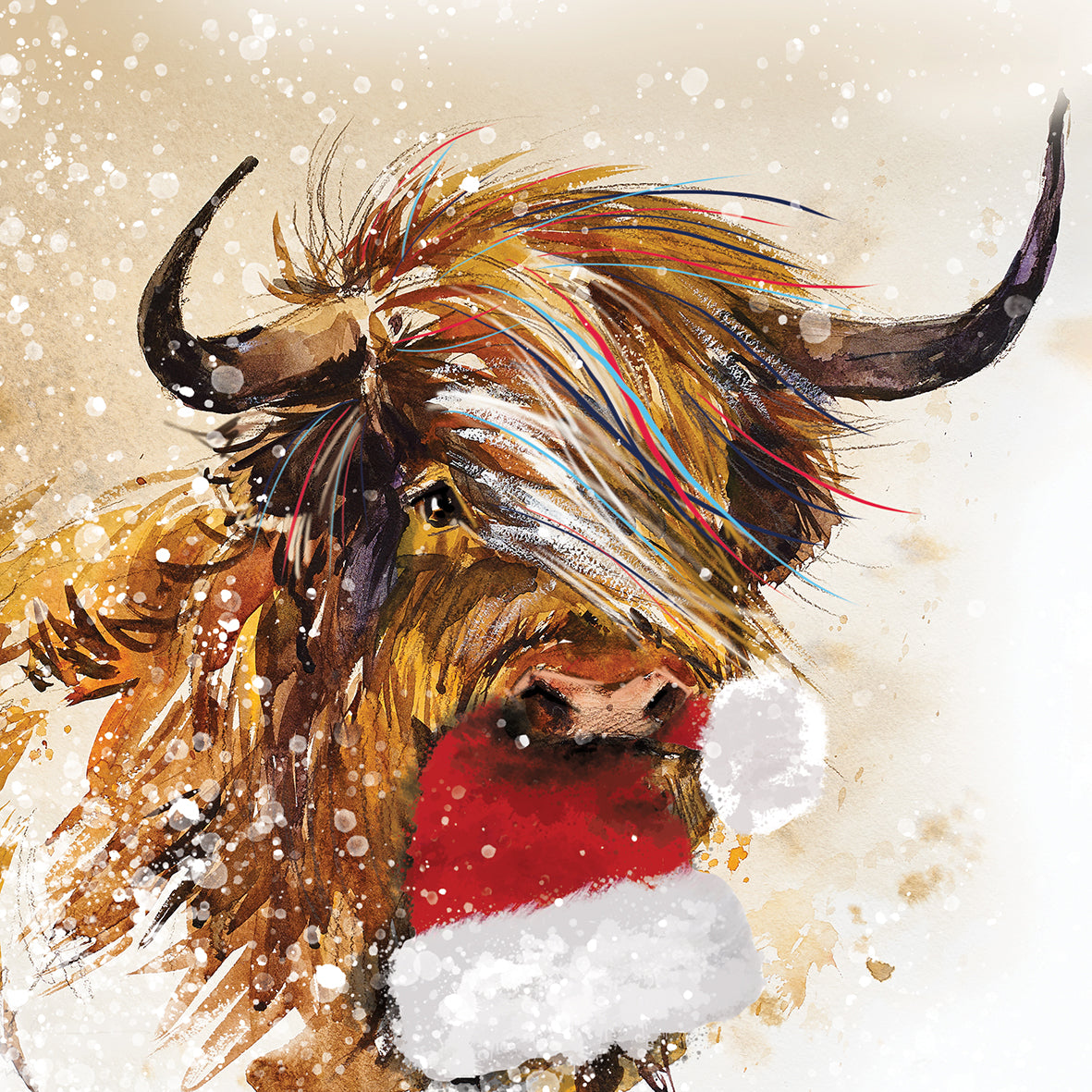 Help for Heroes Charity Christmas card featuring a festive highland cow, carrying a Santa hat