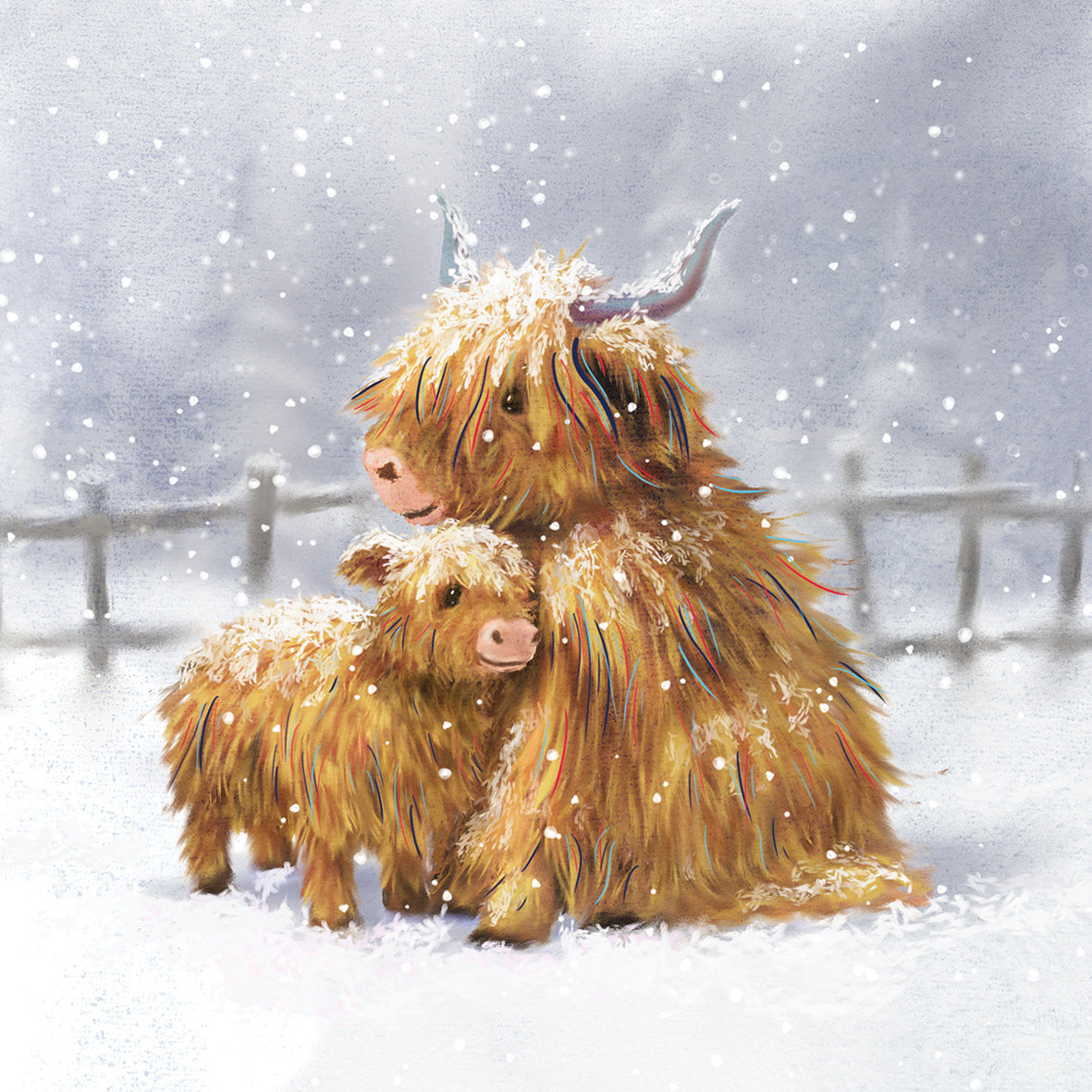 Help for Heroes Charity Christmas card featuring two highland cows in the snow