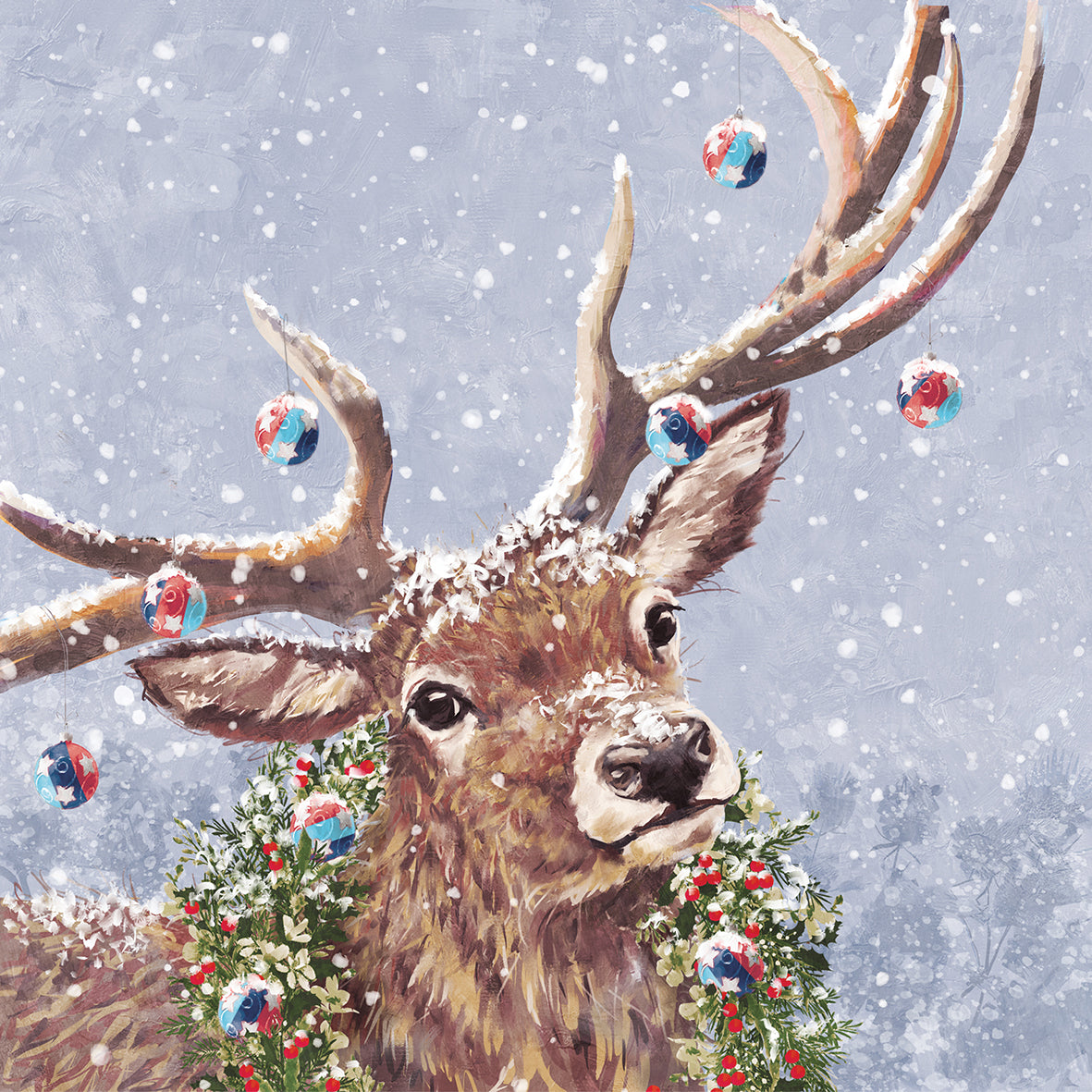 Help for Heroes Charity Christmas Card featuring a festive stag dressed in a wreath and Xmas baubles