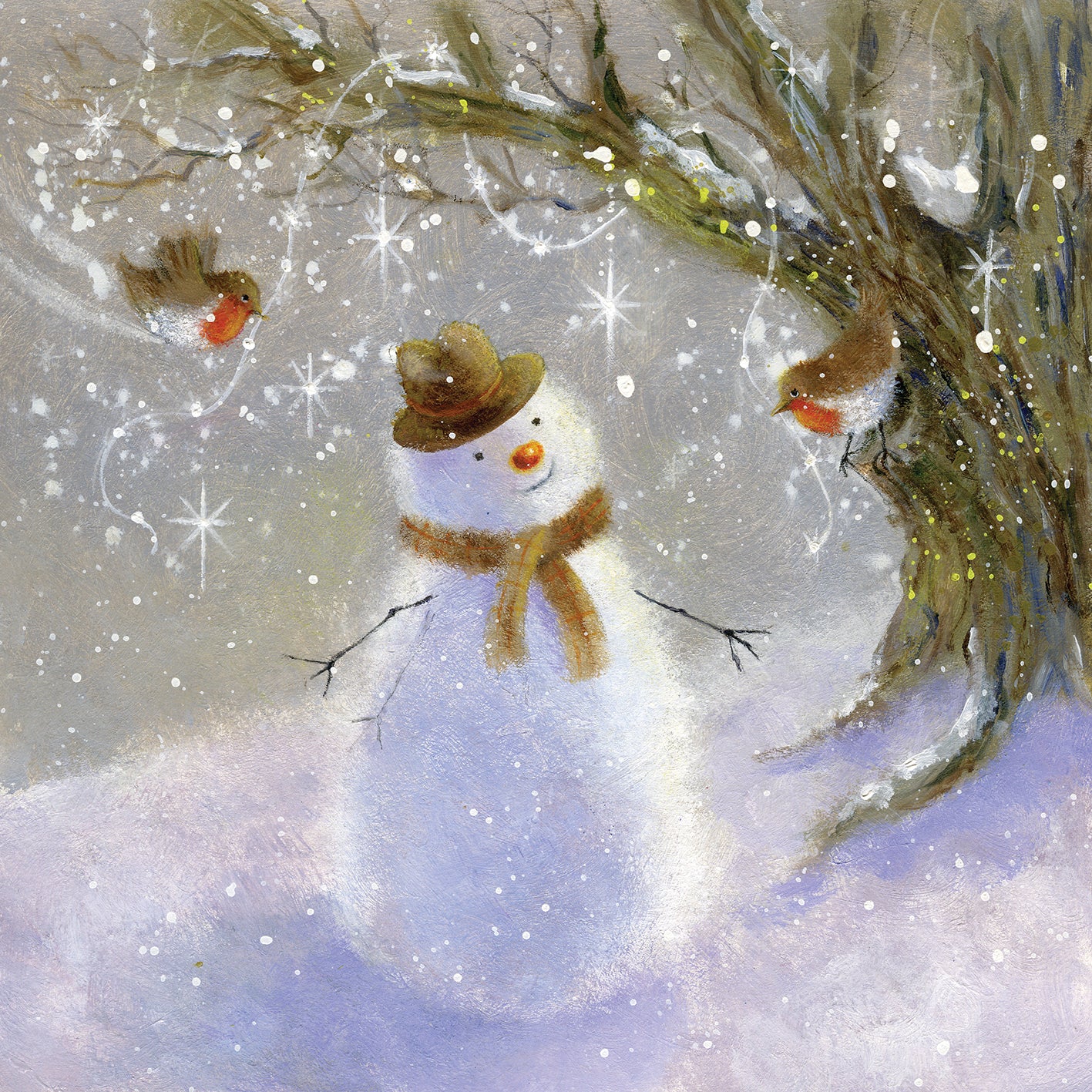 Help for Heroes Charity Christmas card featuring a festive snowman with his robin friends