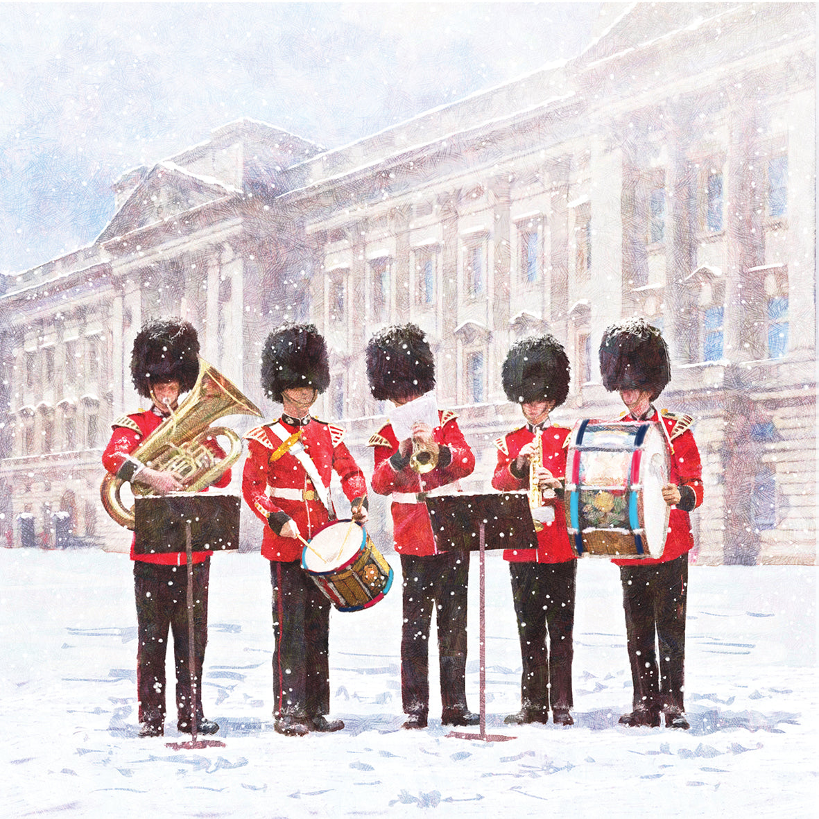 Help for Heroes Charity Christmas card showing soliders in the snow outside Buckingham Palace