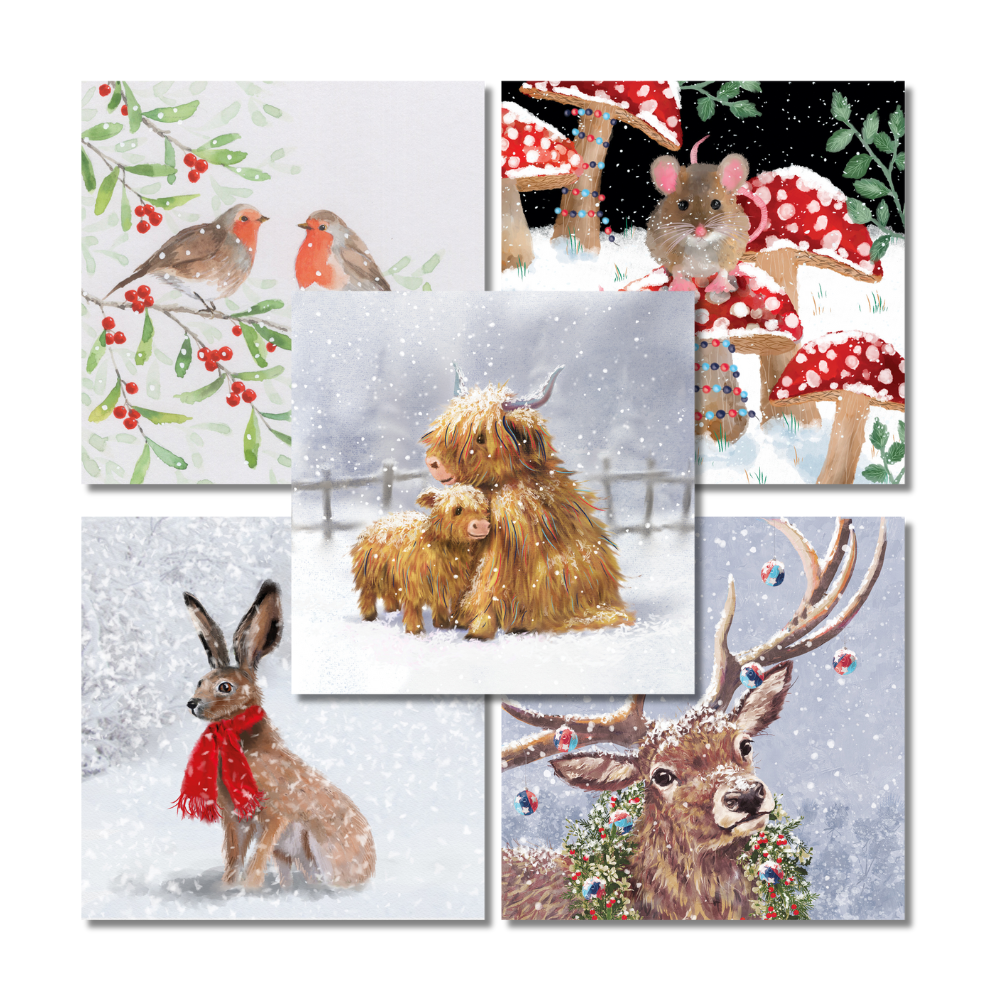 Help for Heroes Charity Christmas cards boxset featuring winter animals such as a hare, reindeer and highland cow