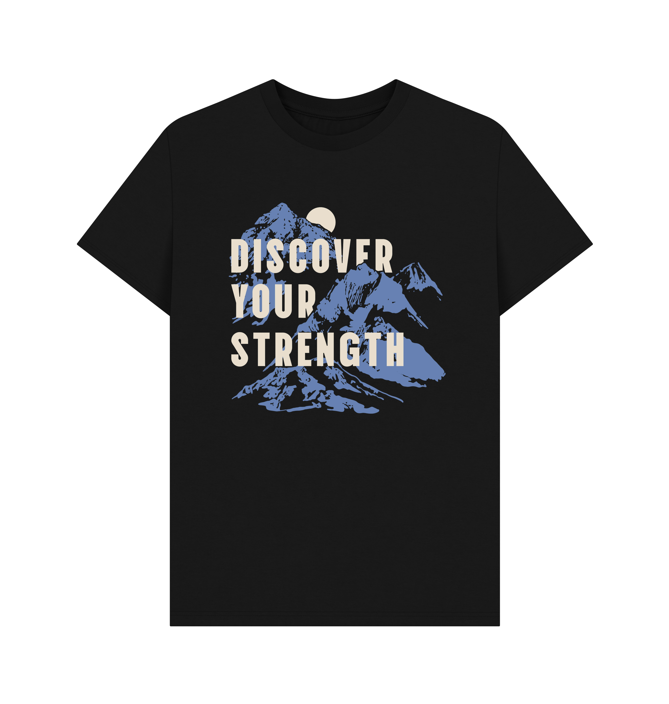 Front image of black Help for Heroes tshirt featuring discover your strength slogan and mountain print design