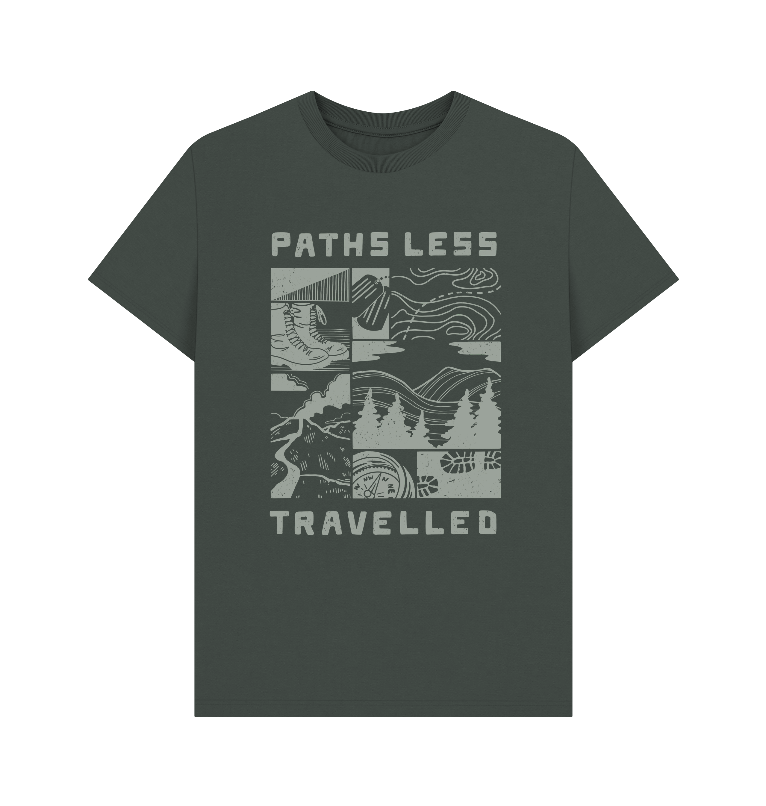 Front image of Help for Hereos t-shirt in grey, featuring a paths less travelled slogan and design