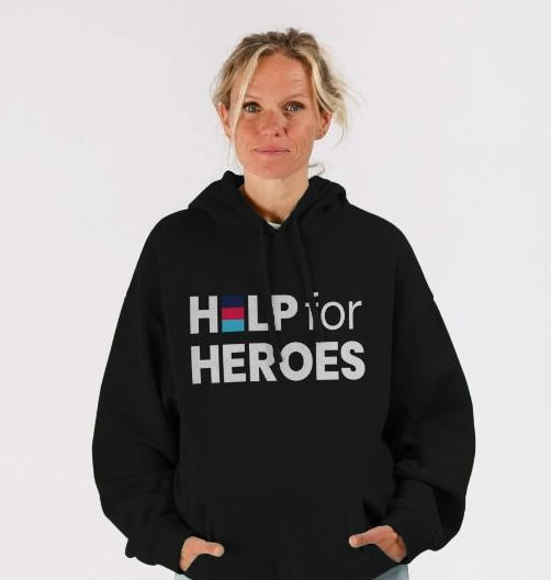 Model wearing Black Help for Heroes Logo Hoodie