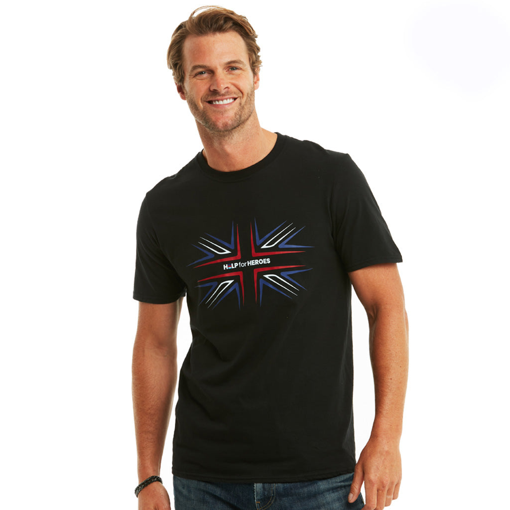 Model wearing black tshirt with printed union jack and Help for Heroes logo on the front