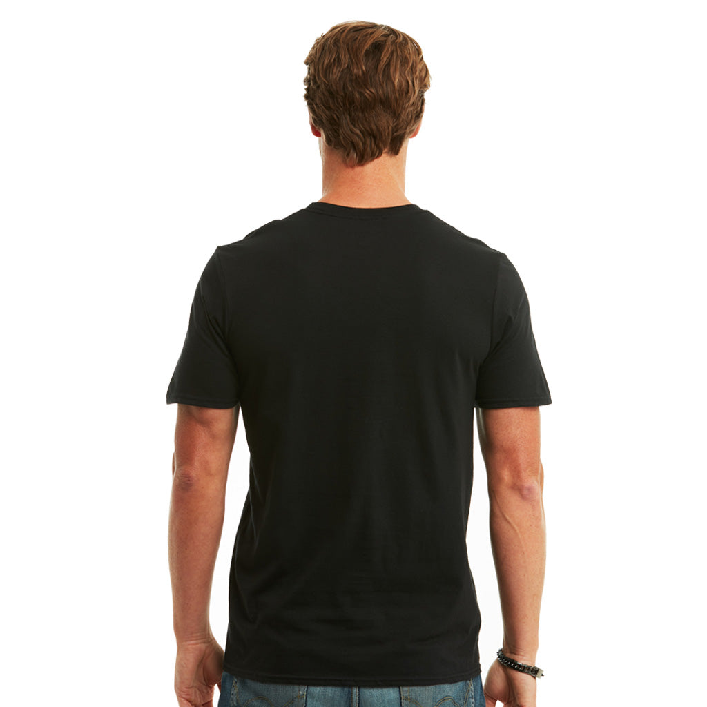 Back image of black tshirt with printed union jack and Help for Heroes logo on the front