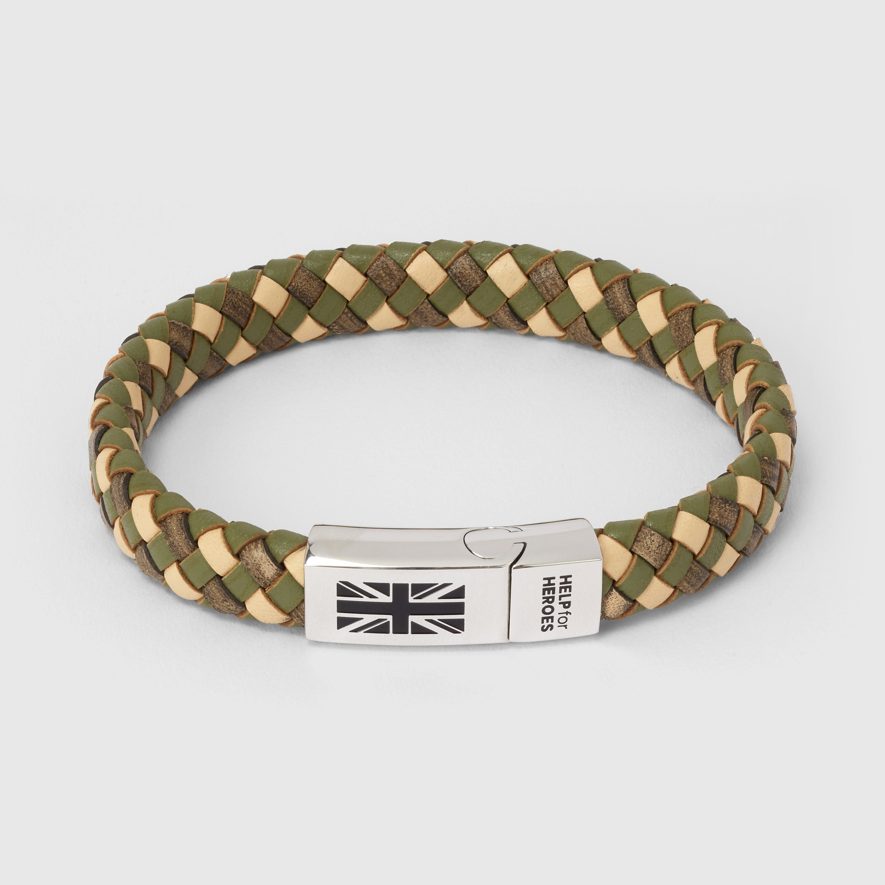 Camouflage patterned leather bracelet with a clasp featuring the Union Jack and the 'Help for Heroes' logo.