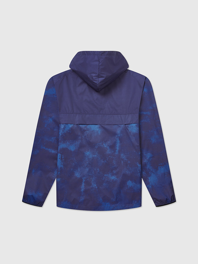 Back image of blue cagoule sports jacket, featuring a hood and printed help for heroes logo on the chest