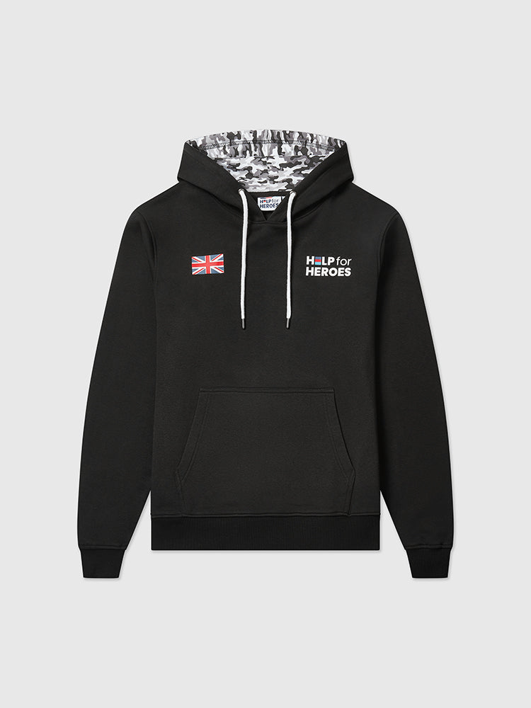 Front image of black pullover hoodie which features printed Help for Heroes logo and union Jack flag, and camo detail hood 
