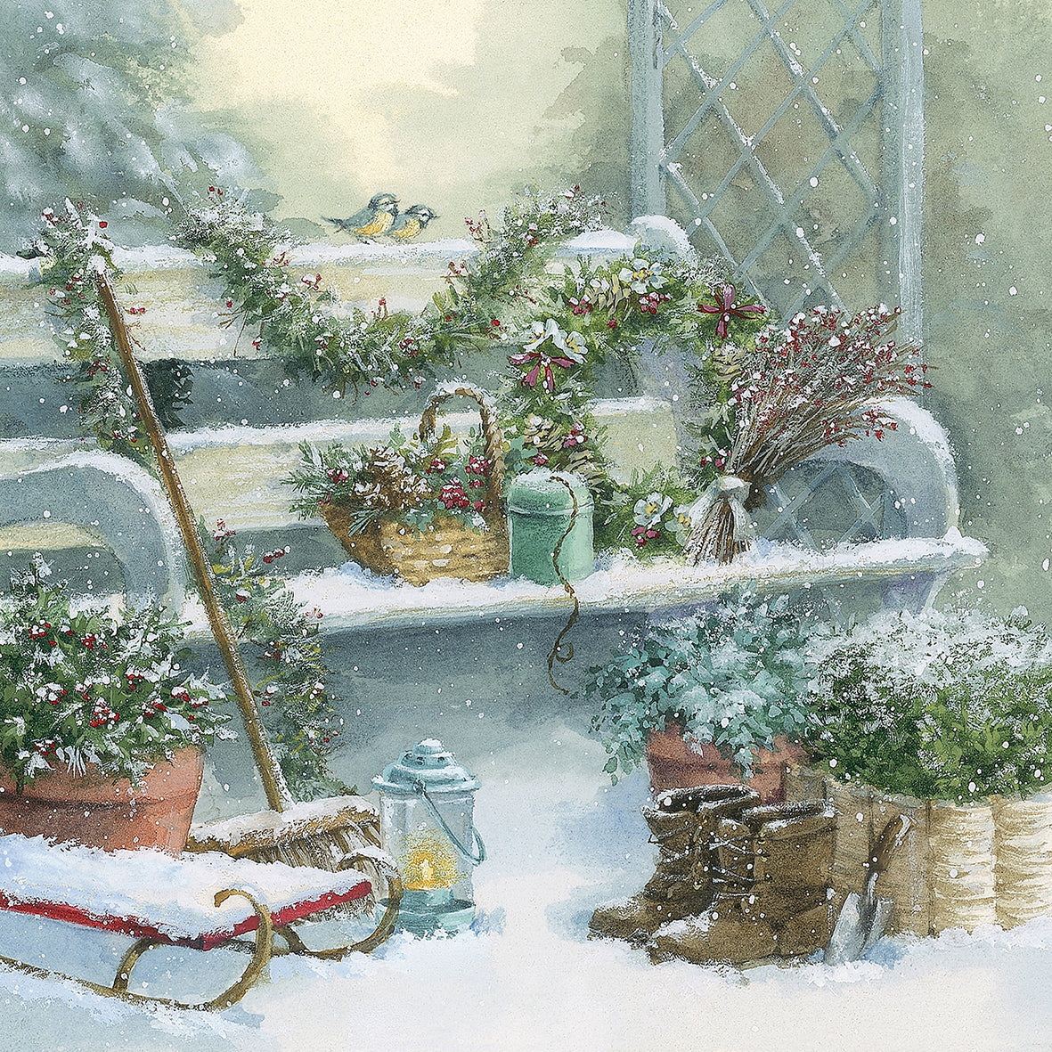 Help for Heroes Christmas Card featuring a peaceful winter's day in a tranquil snow-covered garden.