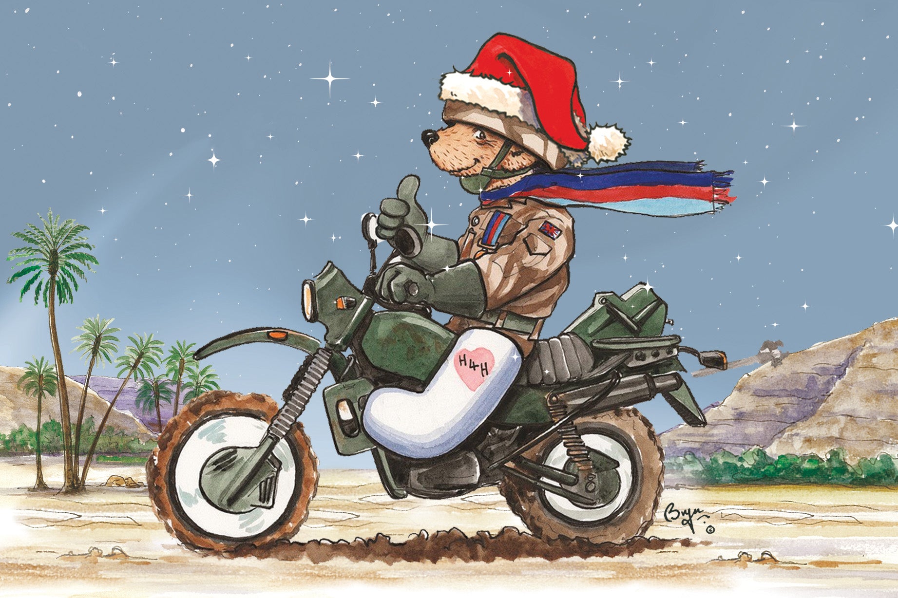 Help for Heroes charity christmas card designed by Bryn Parry showing a military Santa bear on a motorbike.