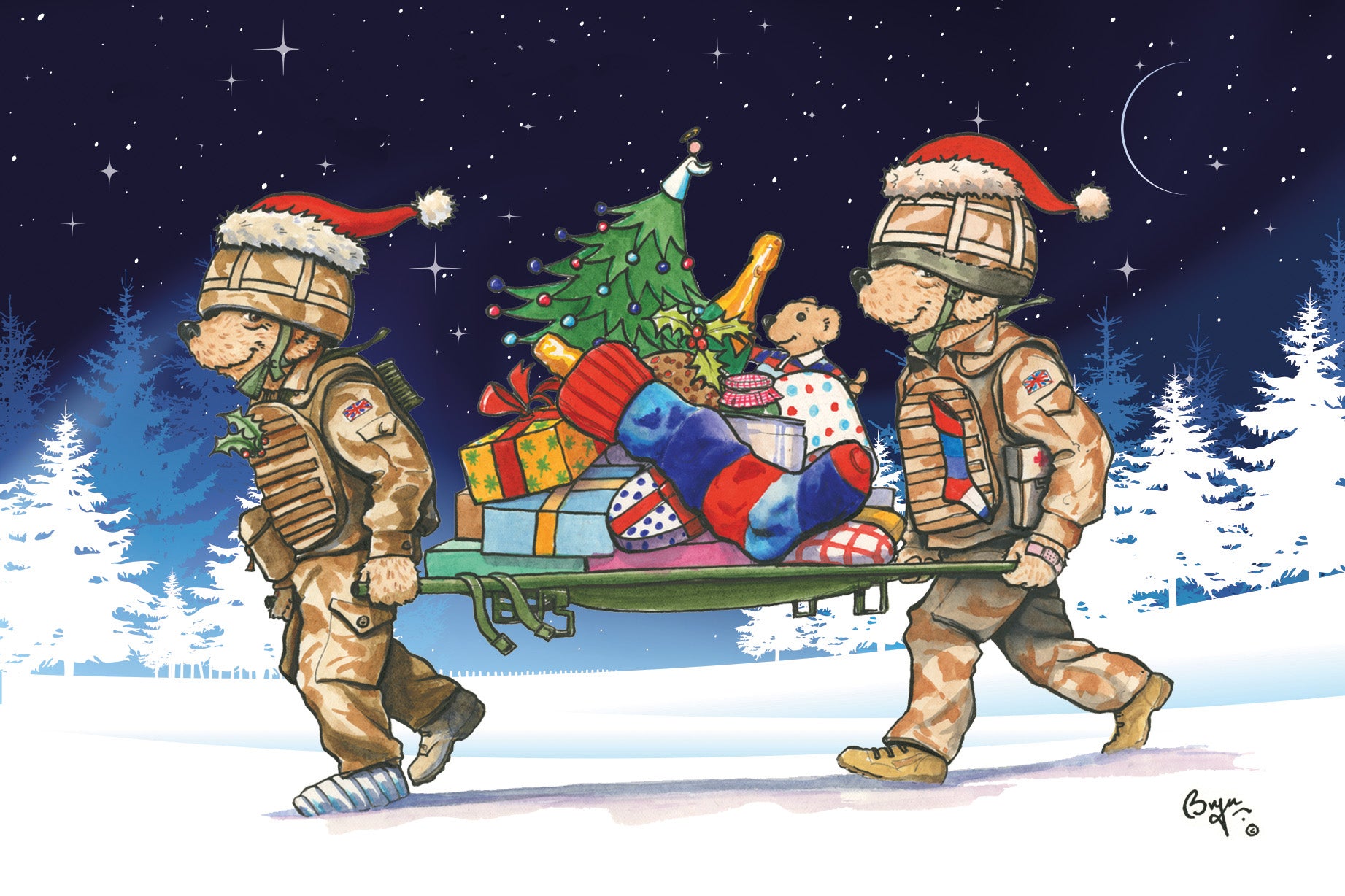Help for Heroes charity christmas card designed by Bryn Parry showing two military bears carrying a stretcher full of gifts.