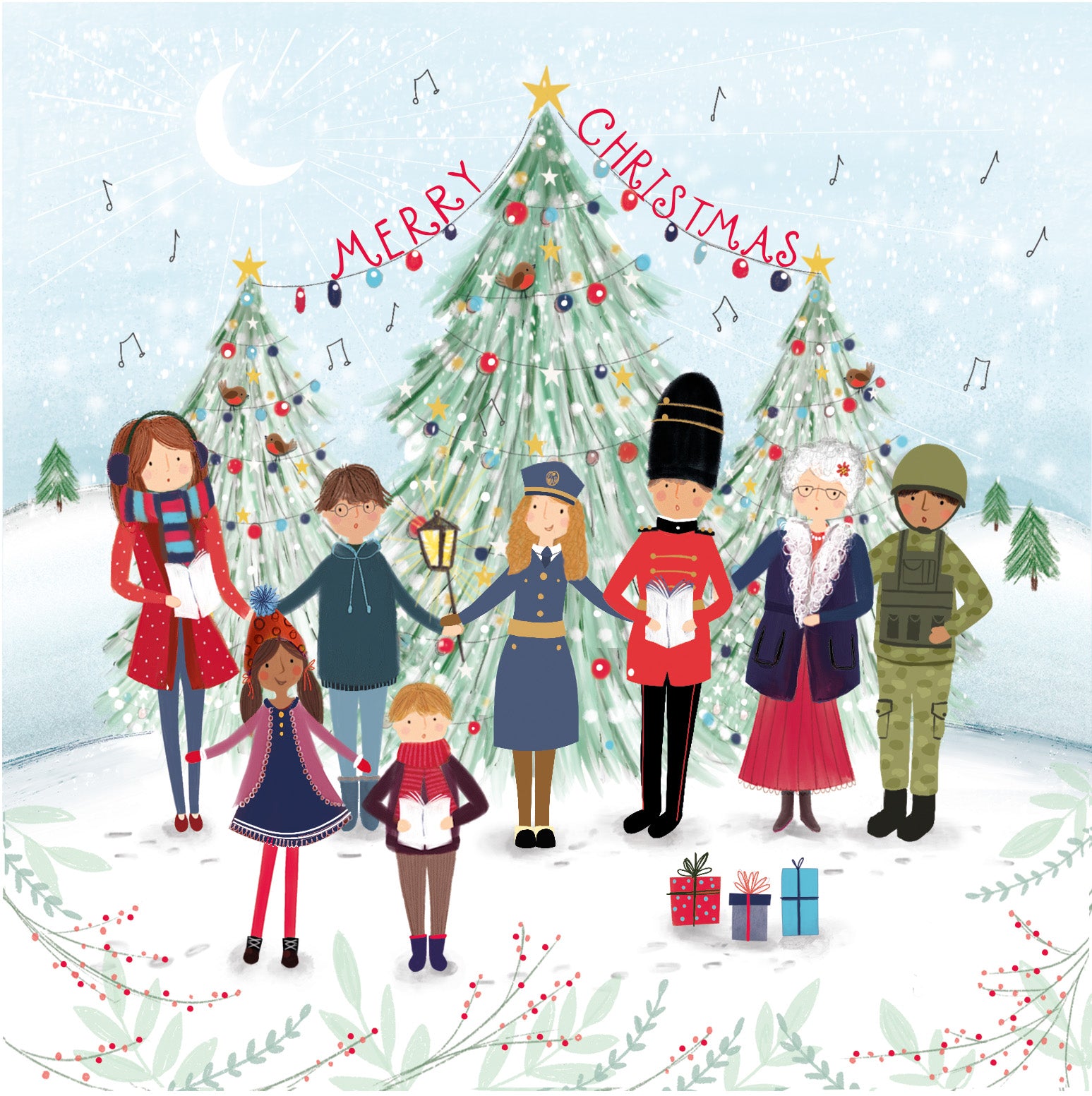 Help for Heroes christmas card featuring carol singers, including military heroes.