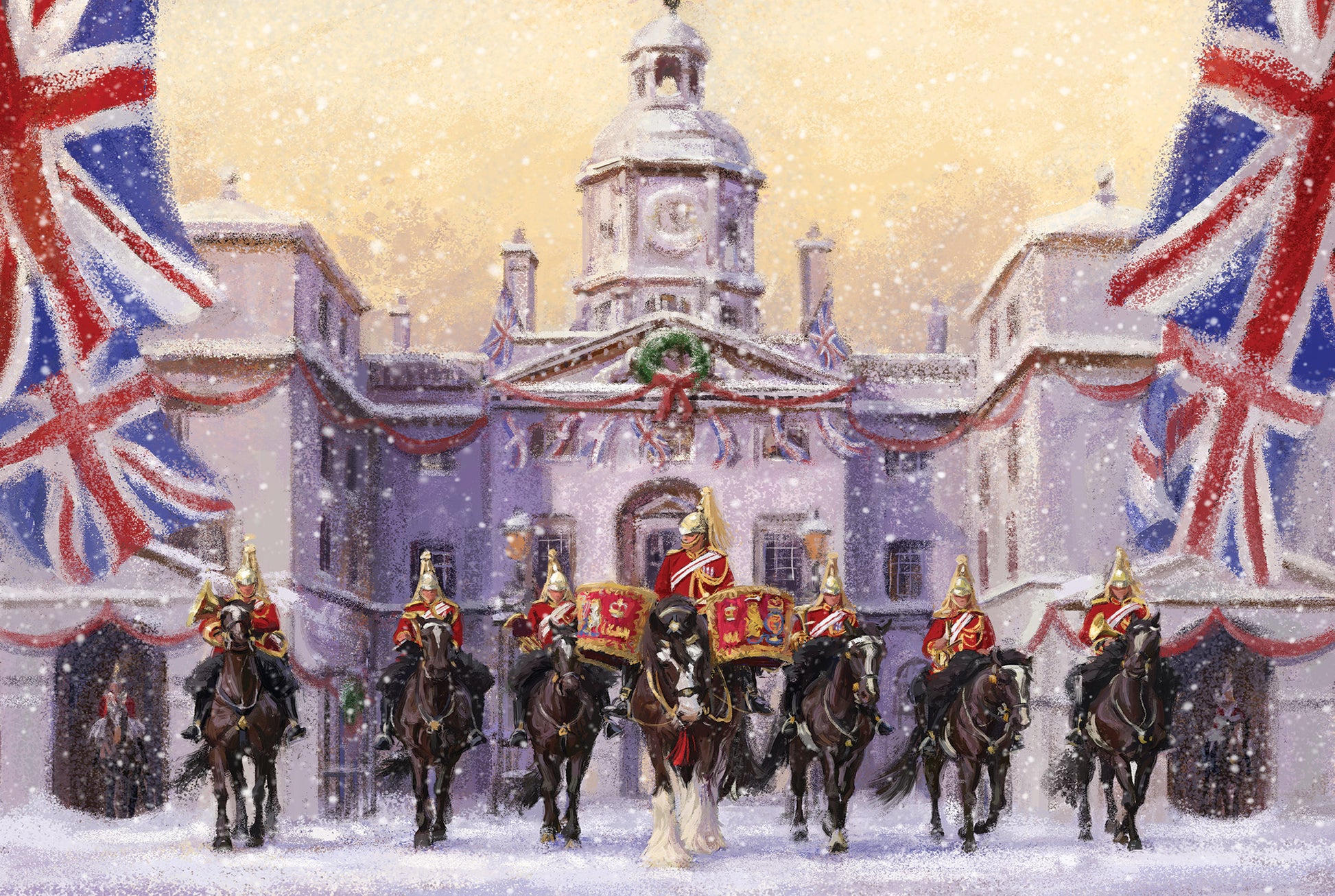 Help for Heroes military Christmas Card design featuring the Household Cavalry outside Horse Guards Parade in the snow.